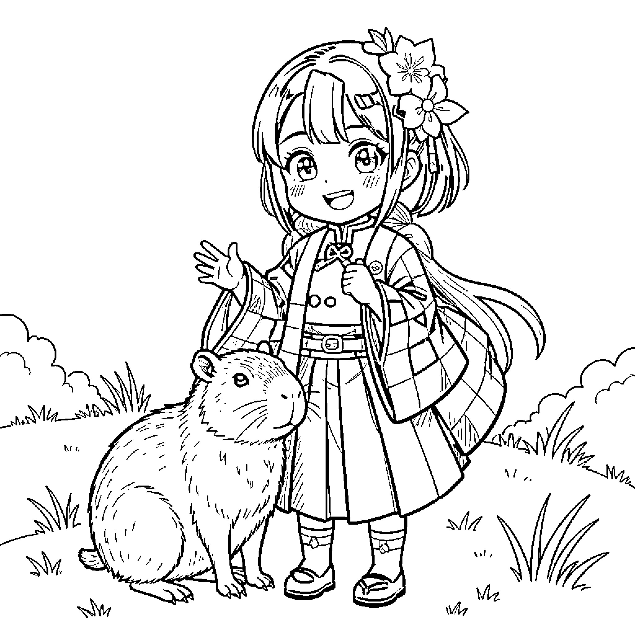 Mitsuri Kanroji in Cheerful Encounter with Rabbit Coloring Page (free black-and-white line drawing printable PDF for all, from beginners to advanced learners, including children, teens, adults, and seniors)