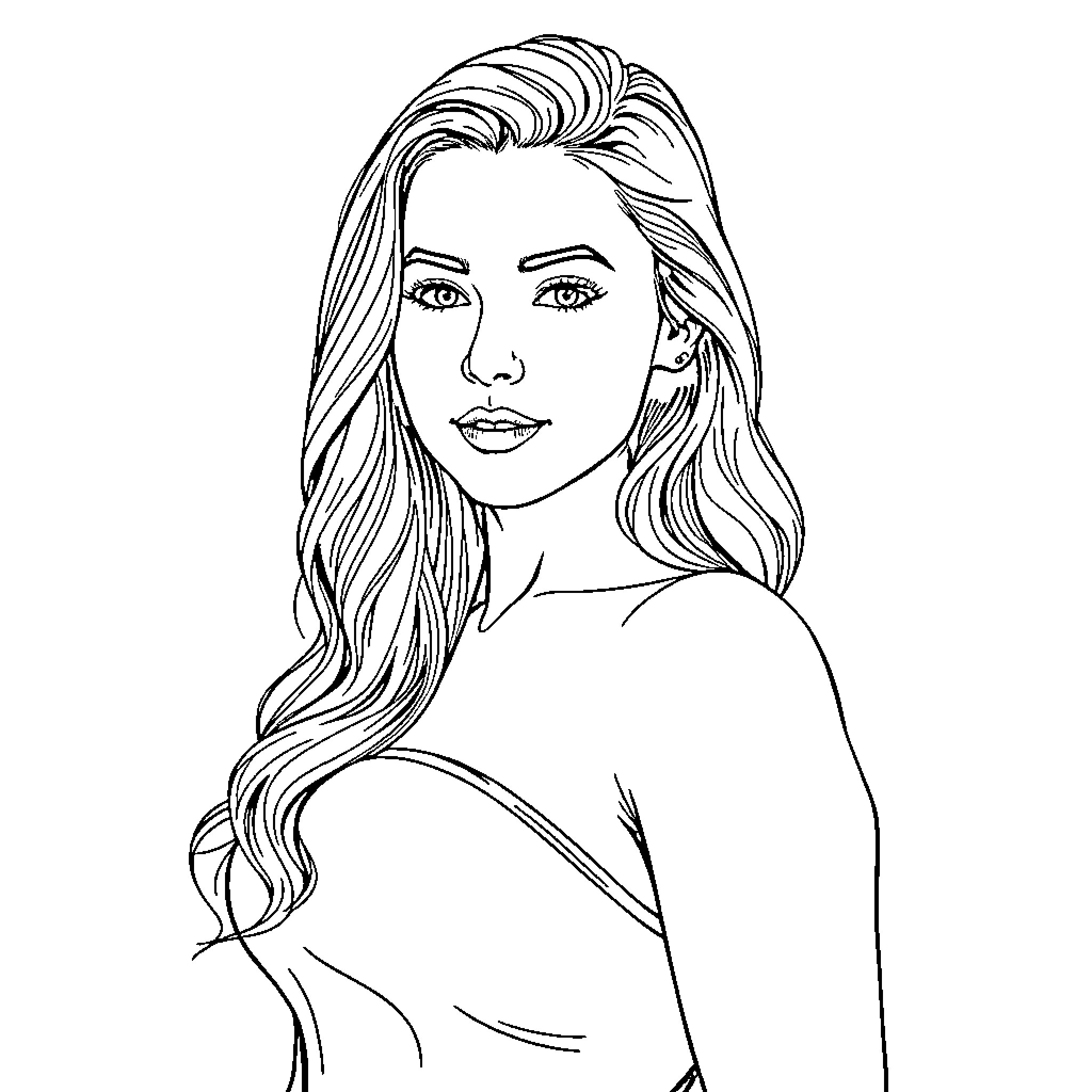 Sydney Sweeney in a thoughtful pose Coloring Page (free black-and-white line drawing printable PDF for all, from beginners to advanced learners, including children, teens, adults, and seniors)