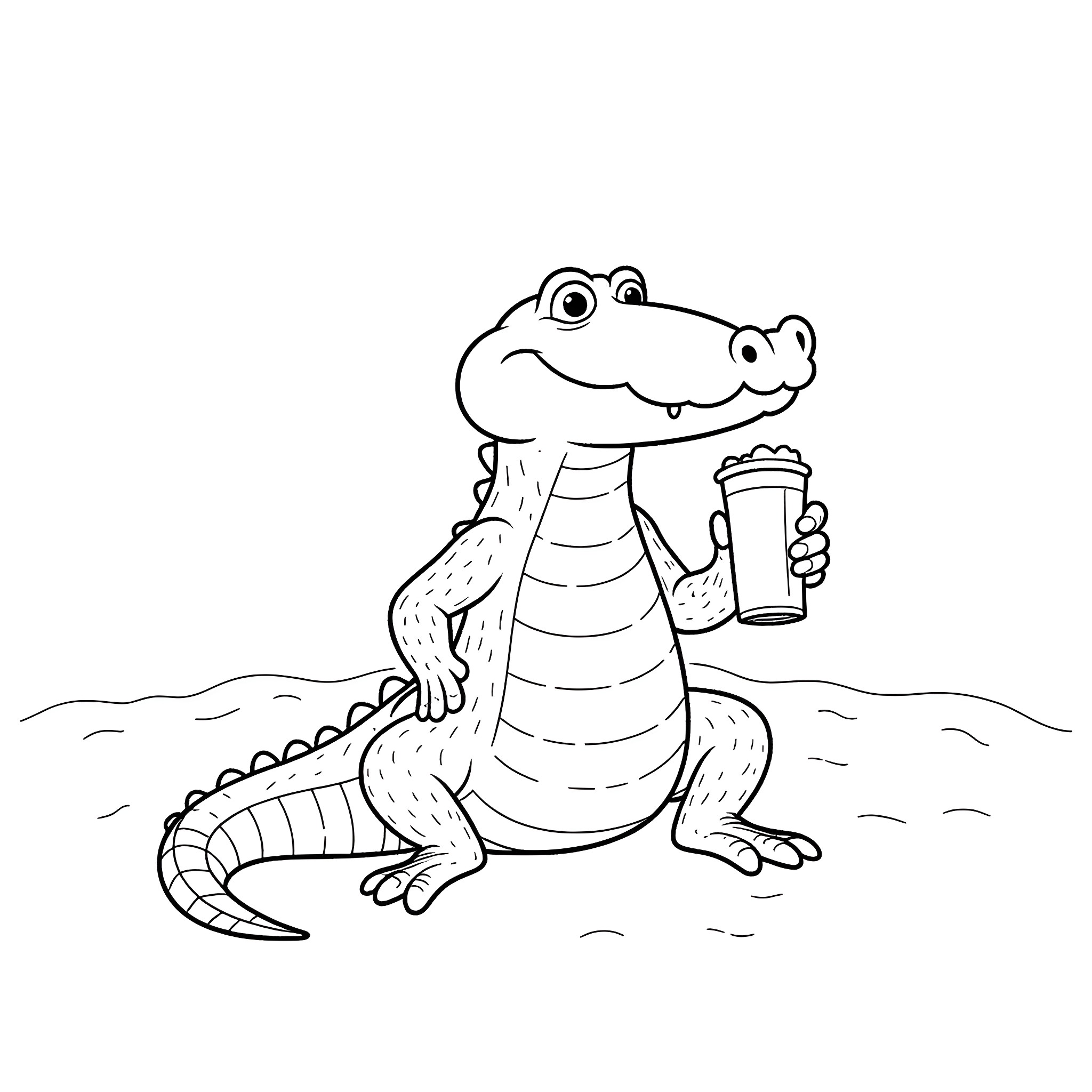 Alligator holding a drink in the water Coloring Page (free black-and-white line drawing printable PDF for all, from beginners to advanced learners, including children, teens, adults, and seniors)
