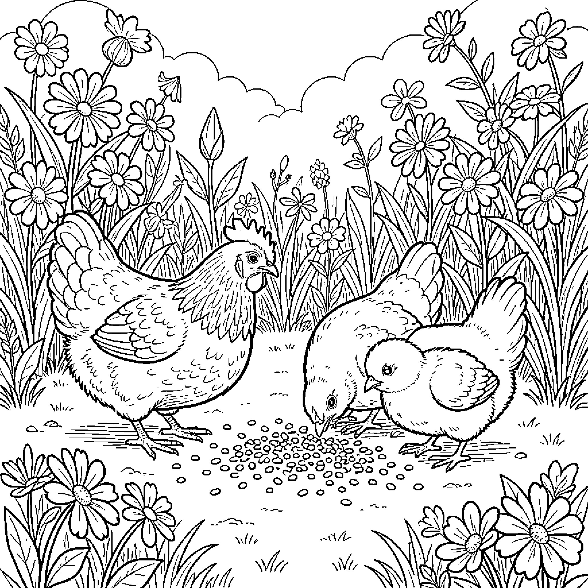 Gallina: Chickens amidst a lush, floral meadow Coloring Page (free black-and-white line drawing printable PDF for all, from beginners to advanced learners, including children, teens, adults, and seniors)