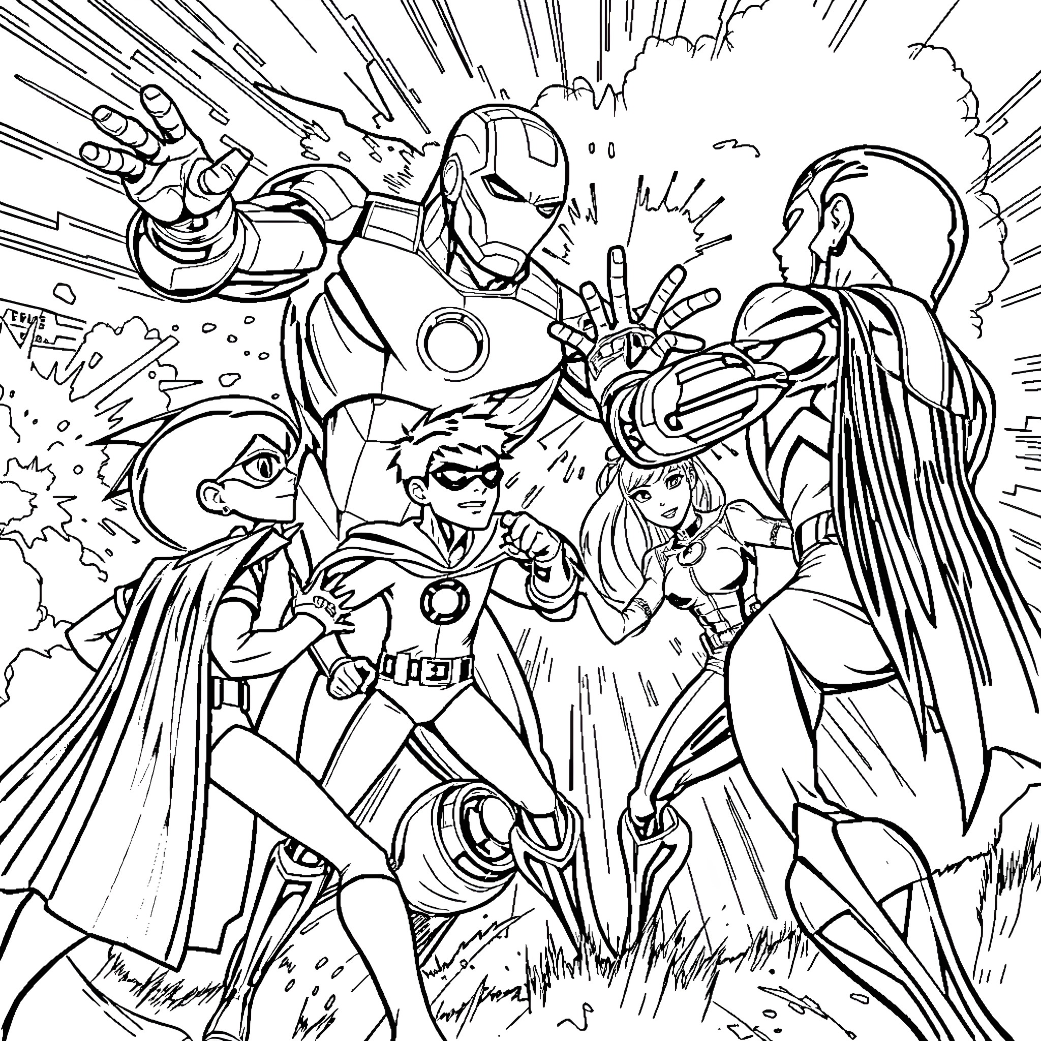 Titan heroes battle against powerful foes Coloring Page (free black-and-white line drawing printable PDF for all, from beginners to advanced learners, including children, teens, adults, and seniors)
