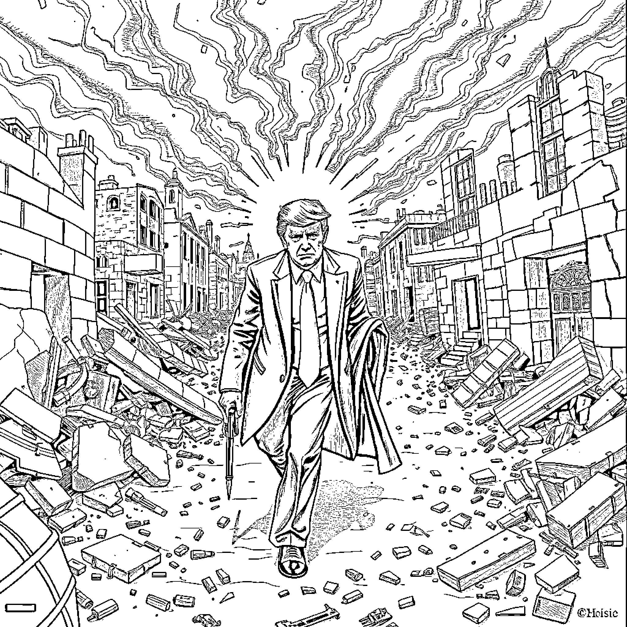POTUS Amid Destruction and Turmoil Coloring Page (free black-and-white line drawing printable PDF for all, from beginners to advanced learners, including children, teens, adults, and seniors)