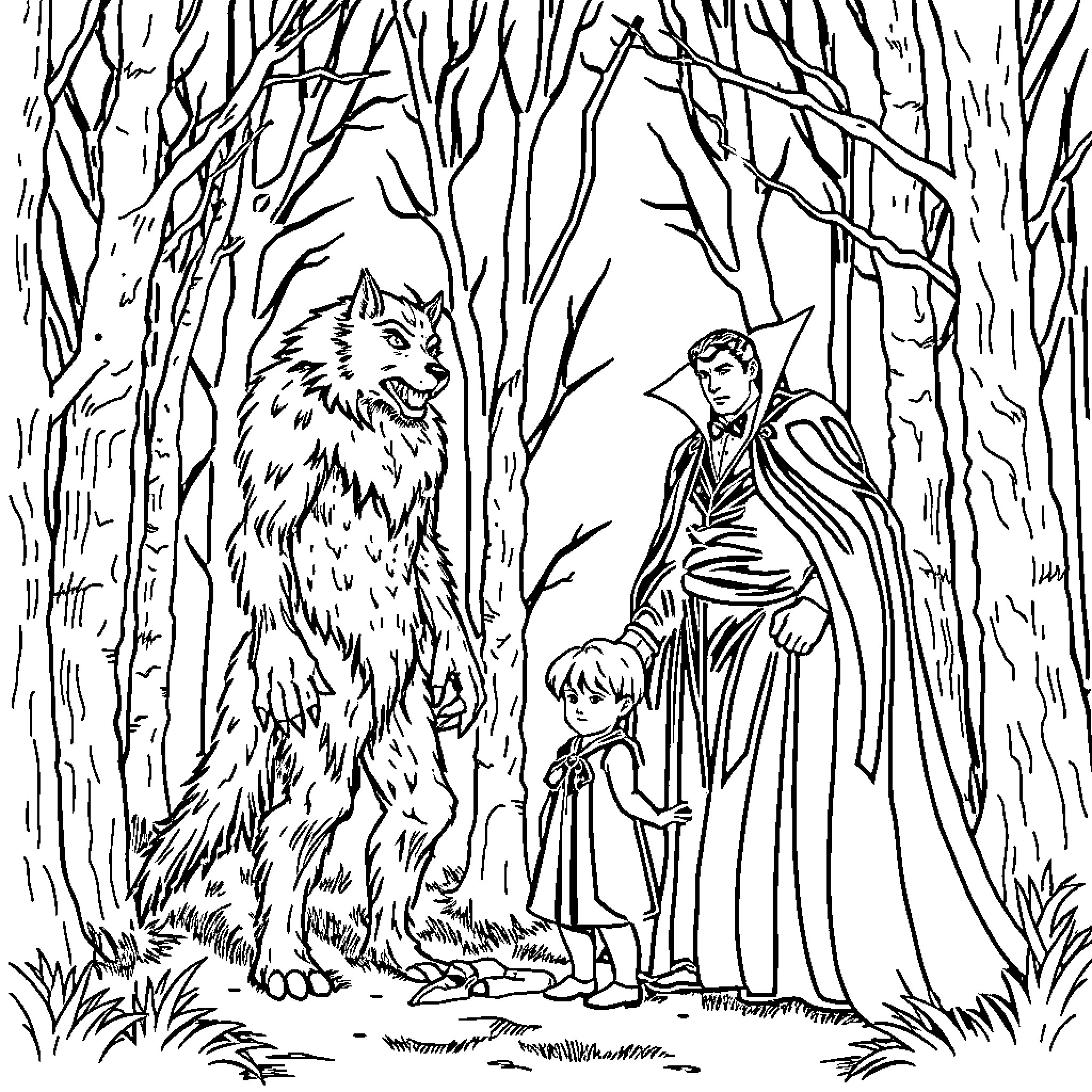 Wolfman and the Enchanted Forest Encounter Coloring Page (free black-and-white line drawing printable PDF for all, from beginners to advanced learners, including children, teens, adults, and seniors)