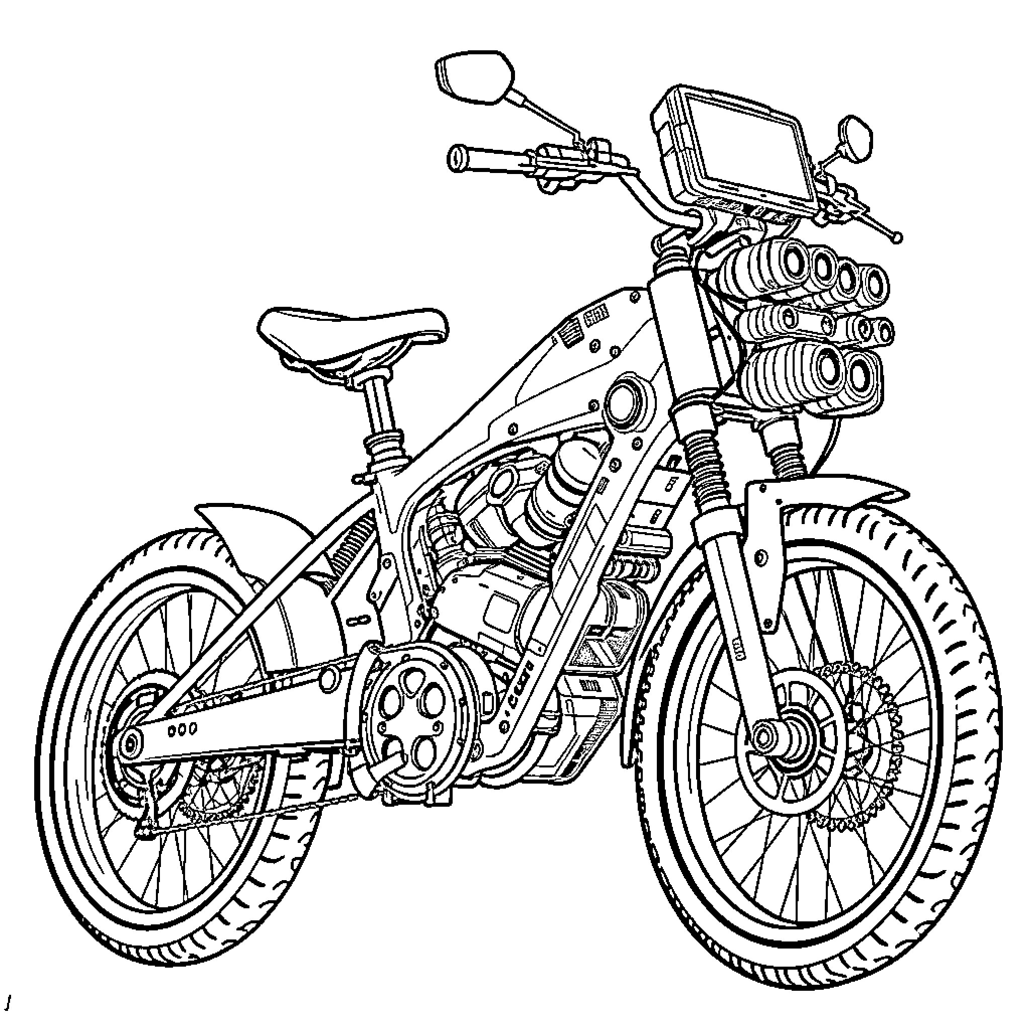 Bicycle with futuristic mechanical design Coloring Page (free black-and-white line drawing printable PDF for all, from beginners to advanced learners, including children, teens, adults, and seniors)