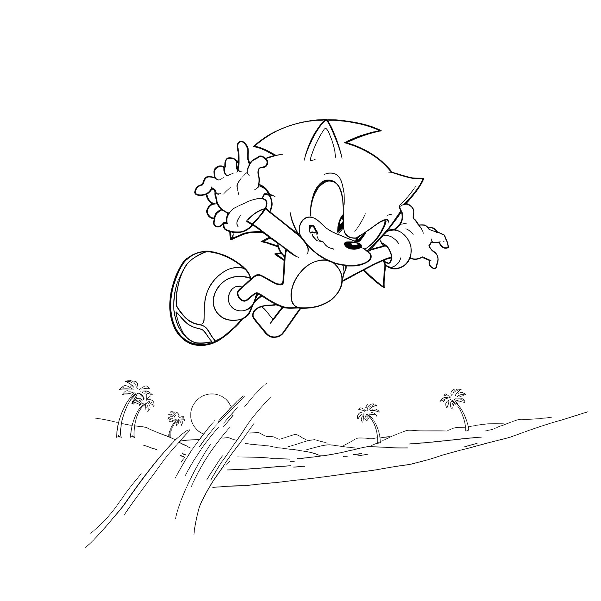 Sonic running joyfully through tropical landscape Coloring Page (free black-and-white line drawing printable PDF for all, from beginners to advanced learners, including children, teens, adults, and seniors)