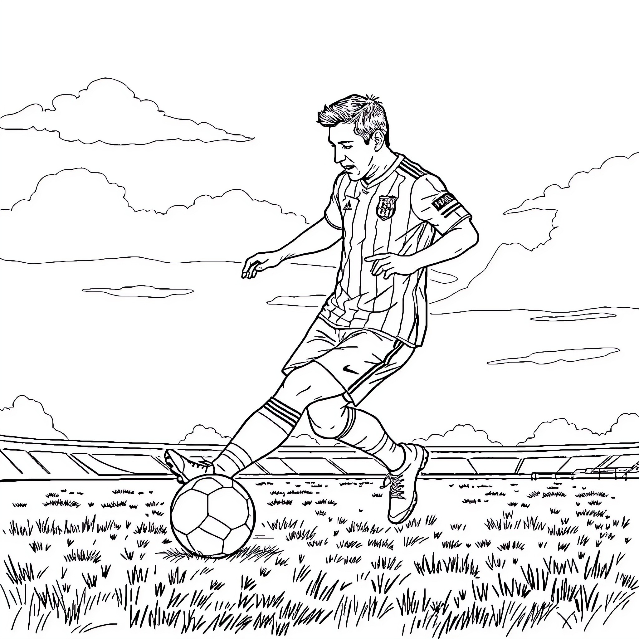 Lionel Messi playing soccer on the field Coloring Page (free black-and-white line drawing printable PDF for all, from beginners to advanced learners, including children, teens, adults, and seniors)