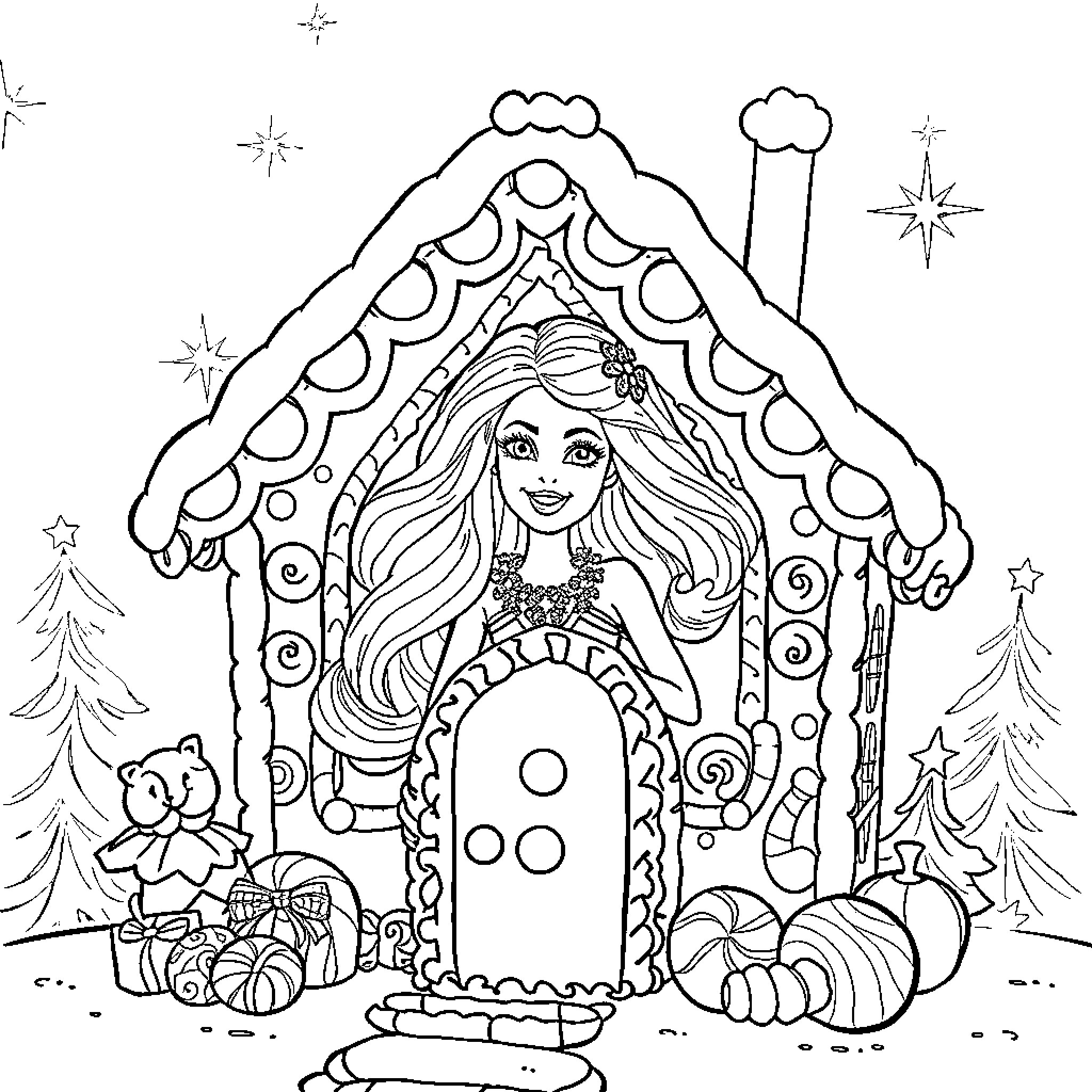 Barbie in a Festive Gingerbread House Coloring Page (free black-and-white line drawing printable PDF for all, from beginners to advanced learners, including children, teens, adults, and seniors)