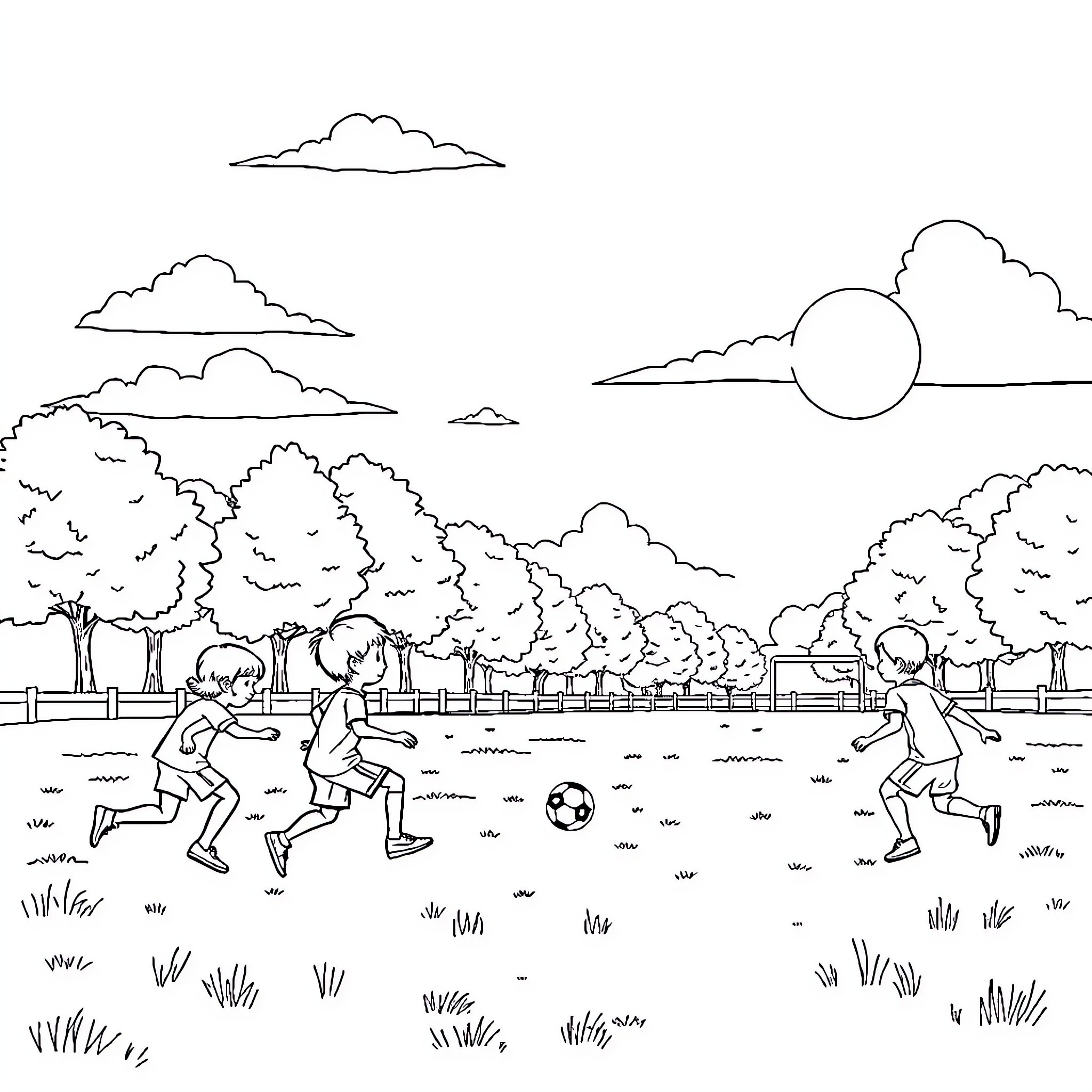 Football game in a picturesque outdoor setting Coloring Page (free black-and-white line drawing printable PDF for all, from beginners to advanced learners, including children, teens, adults, and seniors)