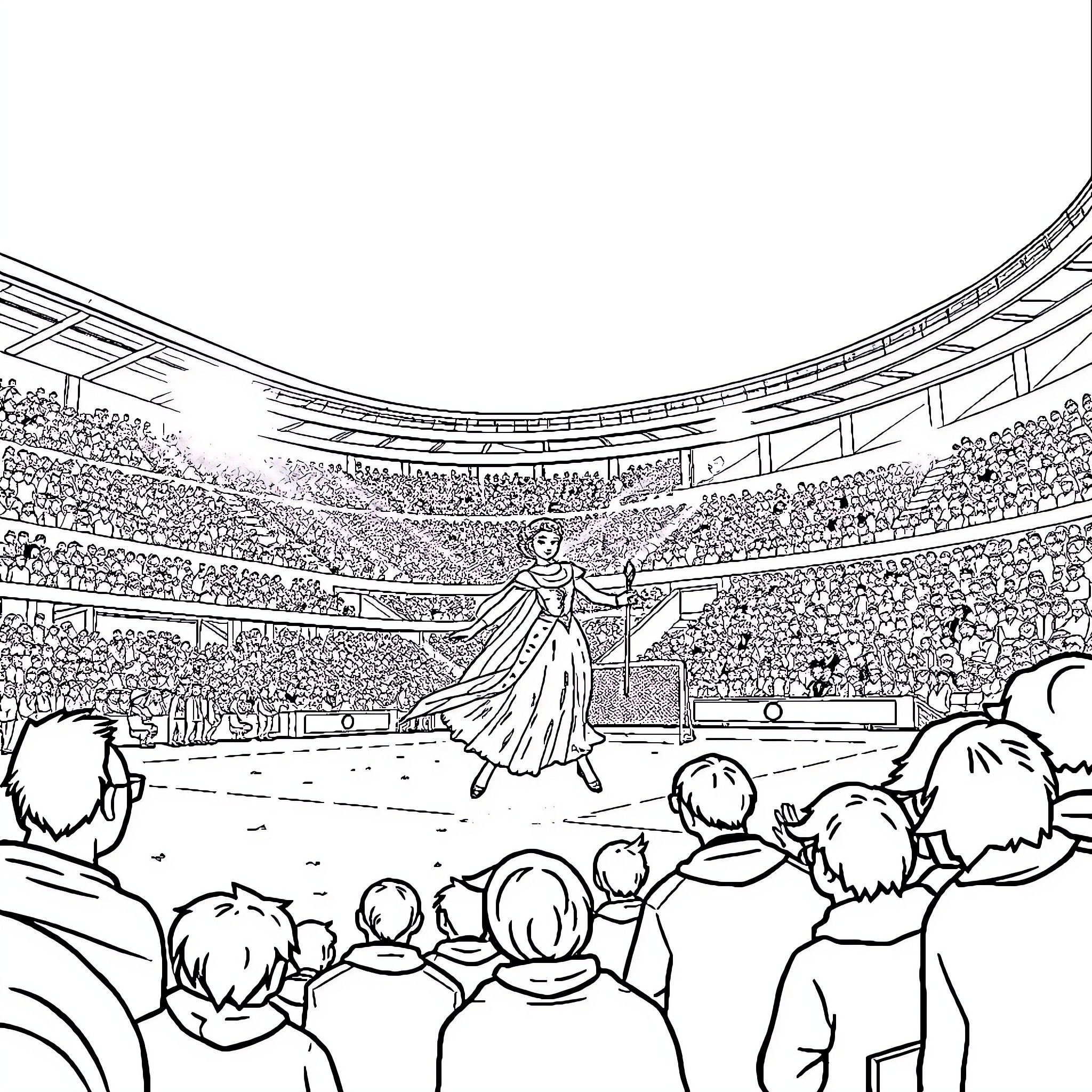 Queen Performing Gracefully on Stage Before Cheering Crowd Coloring Page (free black-and-white line drawing printable PDF for all, from beginners to advanced learners, including children, teens, adults, and seniors)