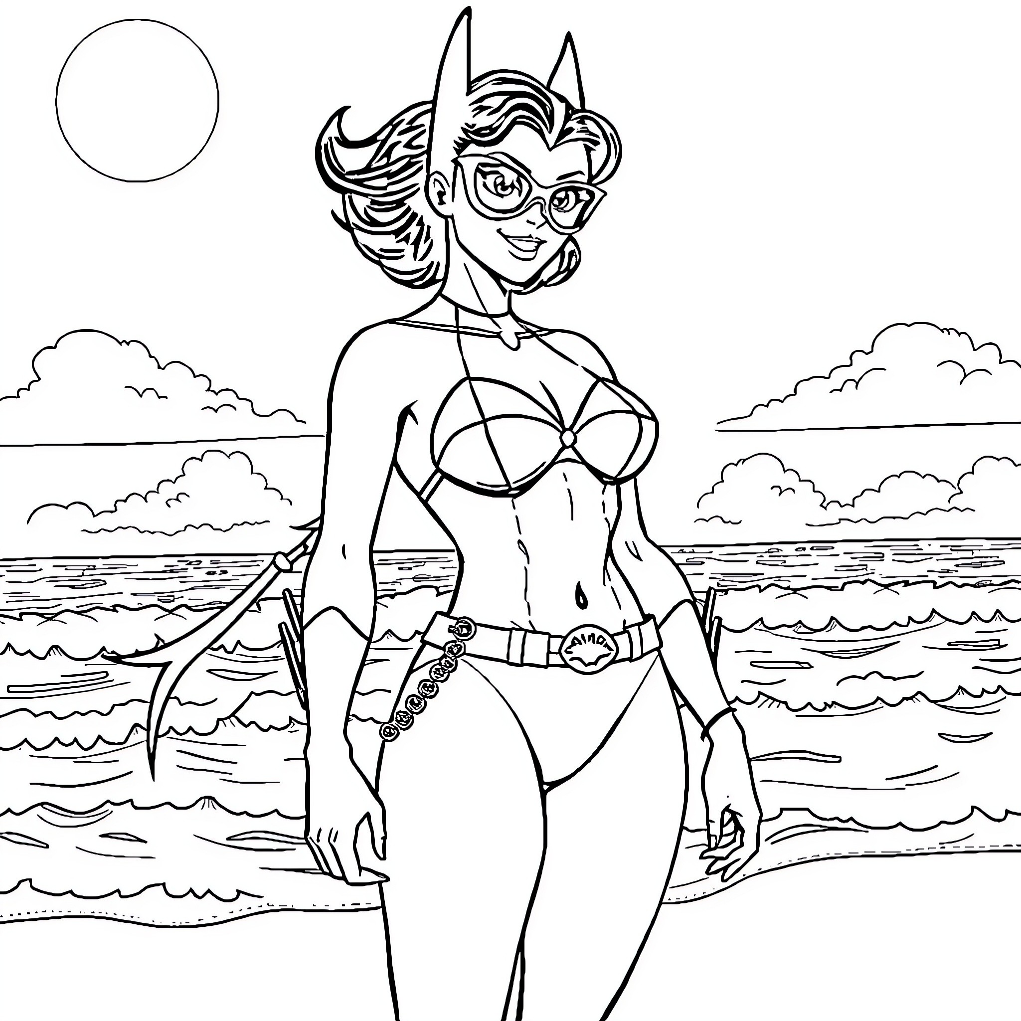 Batgirl posing confidently on the beach Coloring Page (free black-and-white line drawing printable PDF for all, from beginners to advanced learners, including children, teens, adults, and seniors)
