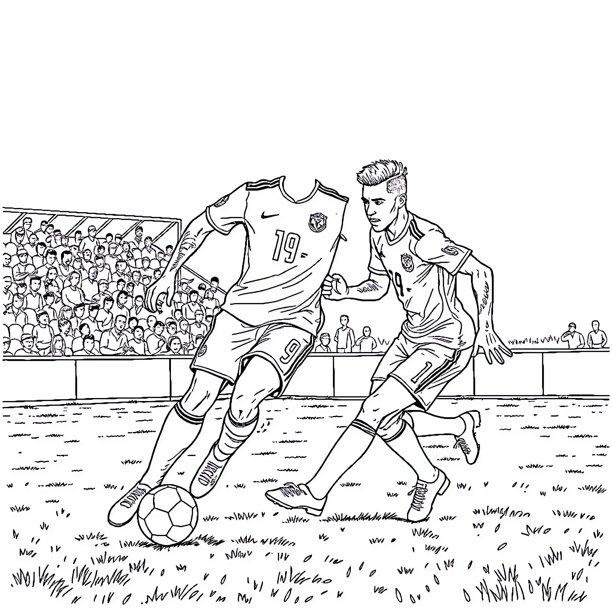 Menino playing soccer with crowd at stadium Coloring Page (free black-and-white line drawing printable PDF for all, from beginners to advanced learners, including children, teens, adults, and seniors)