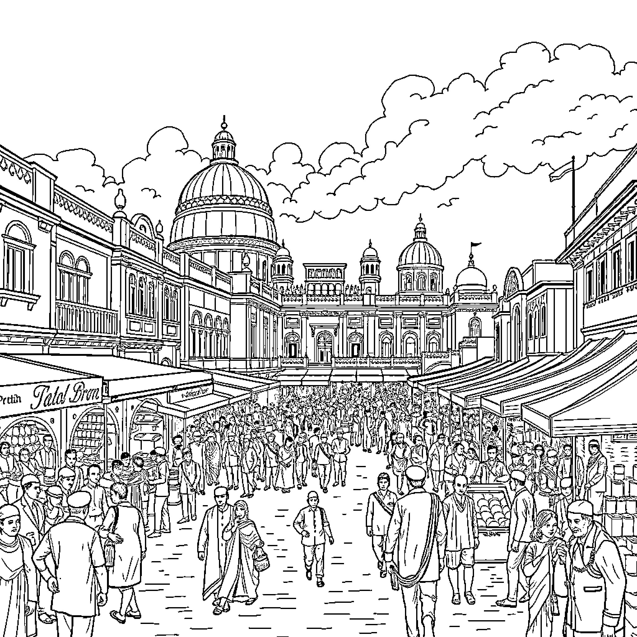 British Raj era street scene with bustling crowds and ornate architecture Coloring Page (free black-and-white line drawing printable PDF for all, from beginners to advanced learners, including children, teens, adults, and seniors)