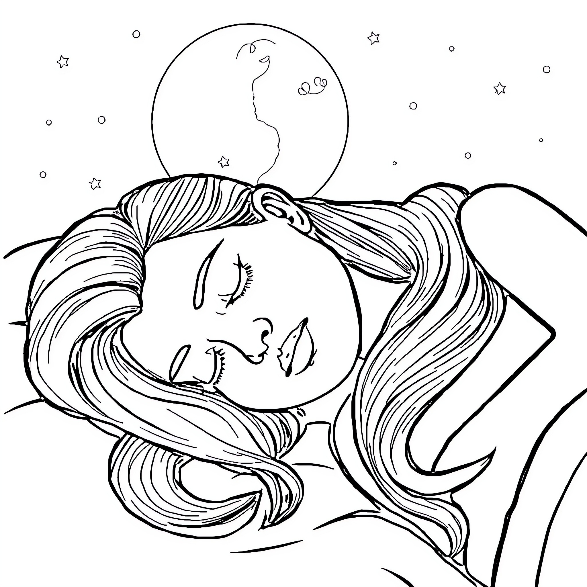 Jane Doe resting peacefully under the night sky Coloring Page (free black-and-white line drawing printable PDF for all, from beginners to advanced learners, including children, teens, adults, and seniors)
