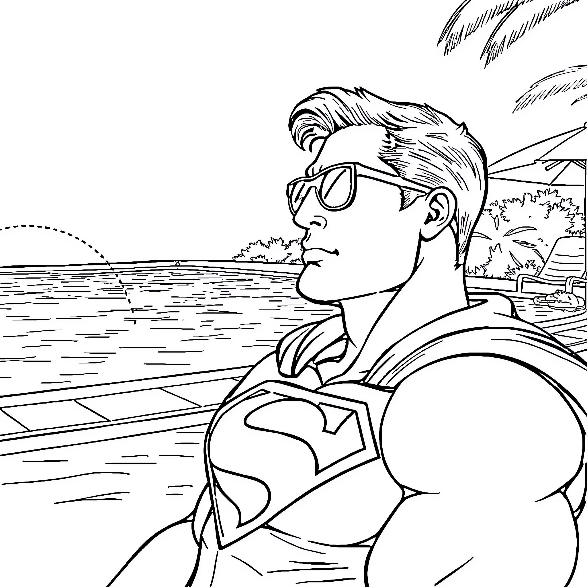 Superman enjoying a tropical vacation Coloring Page (free black-and-white line drawing printable PDF for all, from beginners to advanced learners, including children, teens, adults, and seniors)