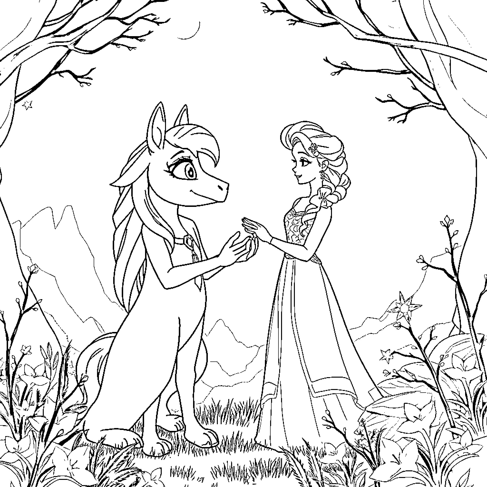 Huntrix - Princess and Horse in Enchanted Forest Coloring Page (free black-and-white line drawing printable PDF for all, from beginners to advanced learners, including children, teens, adults, and seniors)
