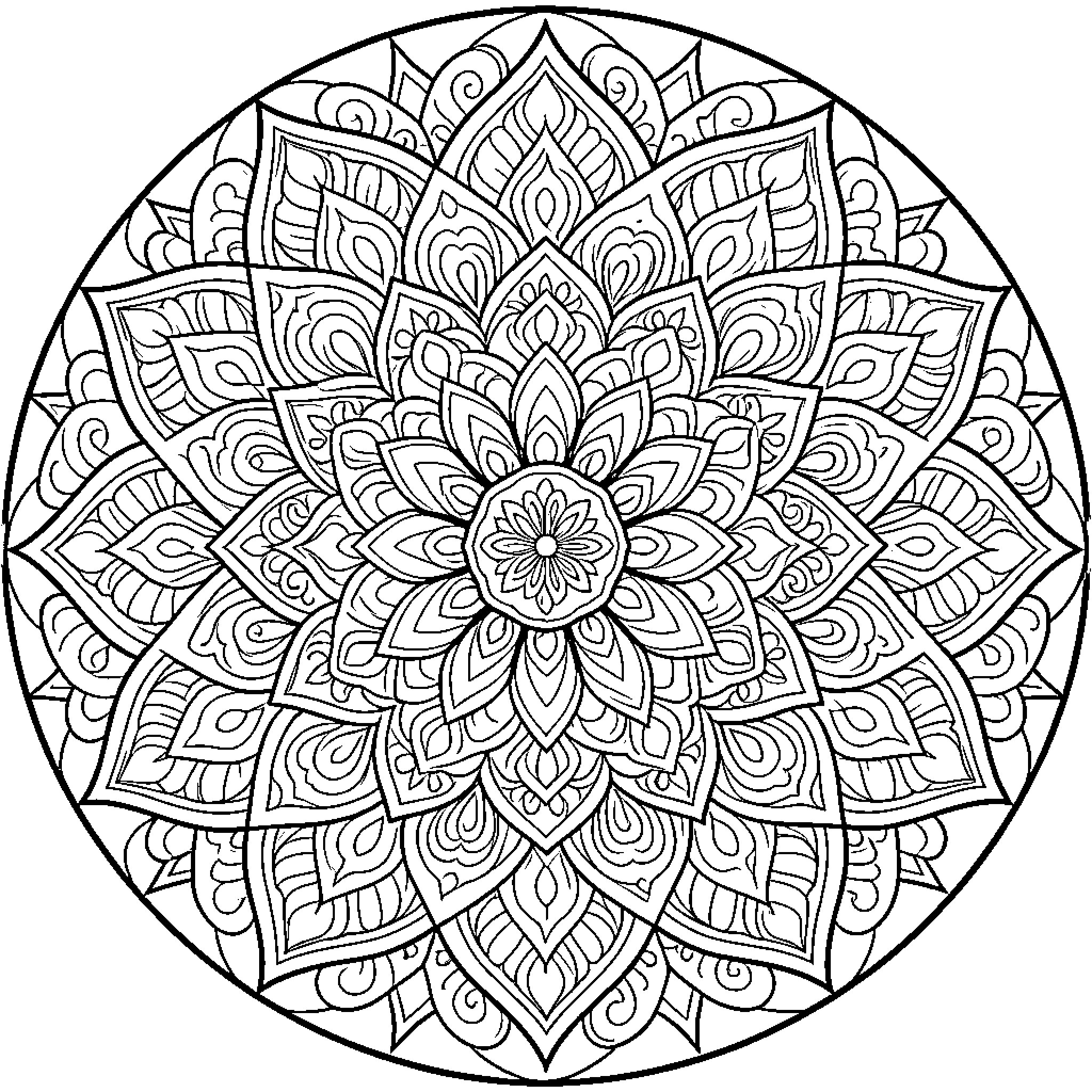 Mandala with intricate floral patterns Coloring Page (free black-and-white line drawing printable PDF for all, from beginners to advanced learners, including children, teens, adults, and seniors)
