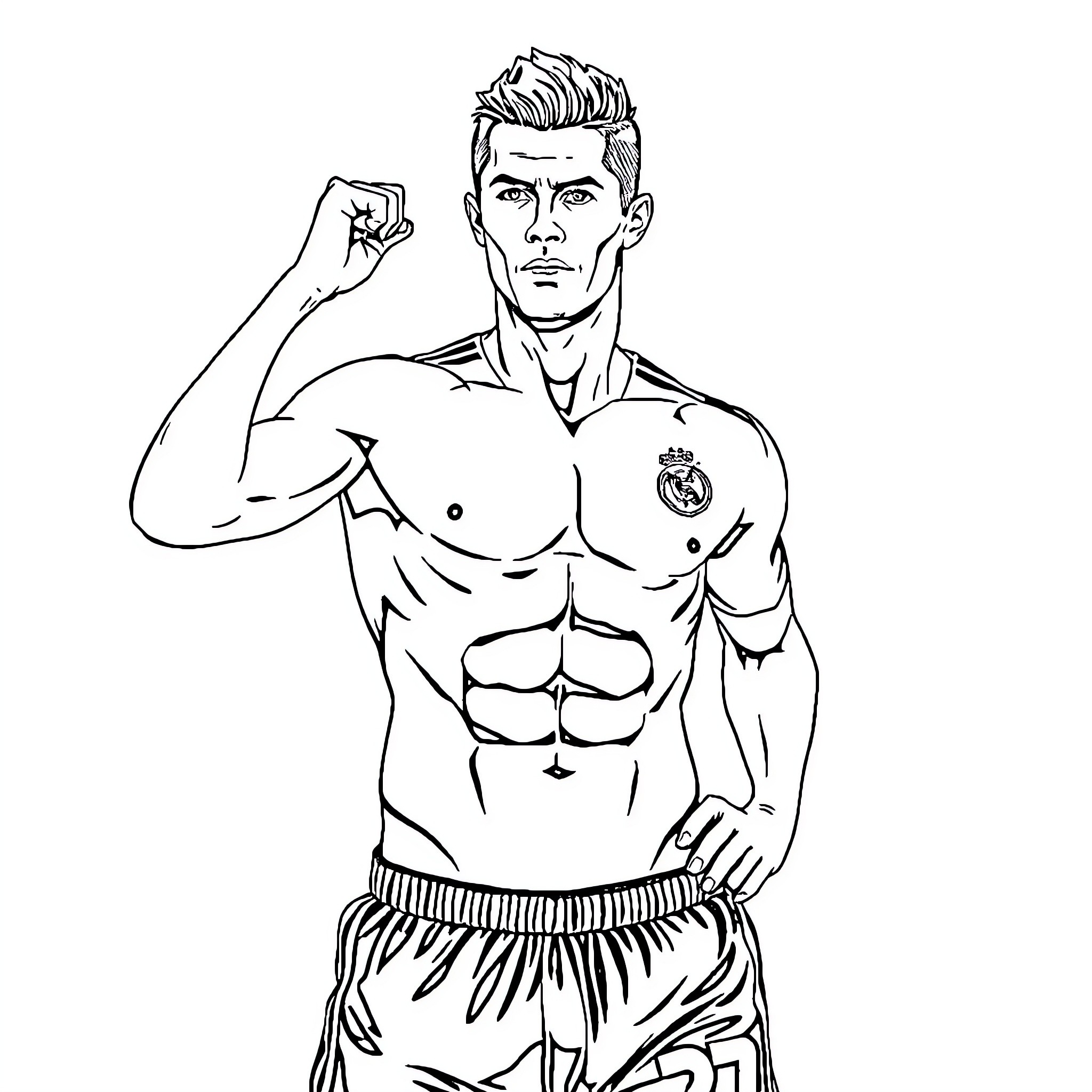 Ronaldo flexing muscles in sports uniform Coloring Page (free black-and-white line drawing printable PDF for all, from beginners to advanced learners, including children, teens, adults, and seniors)