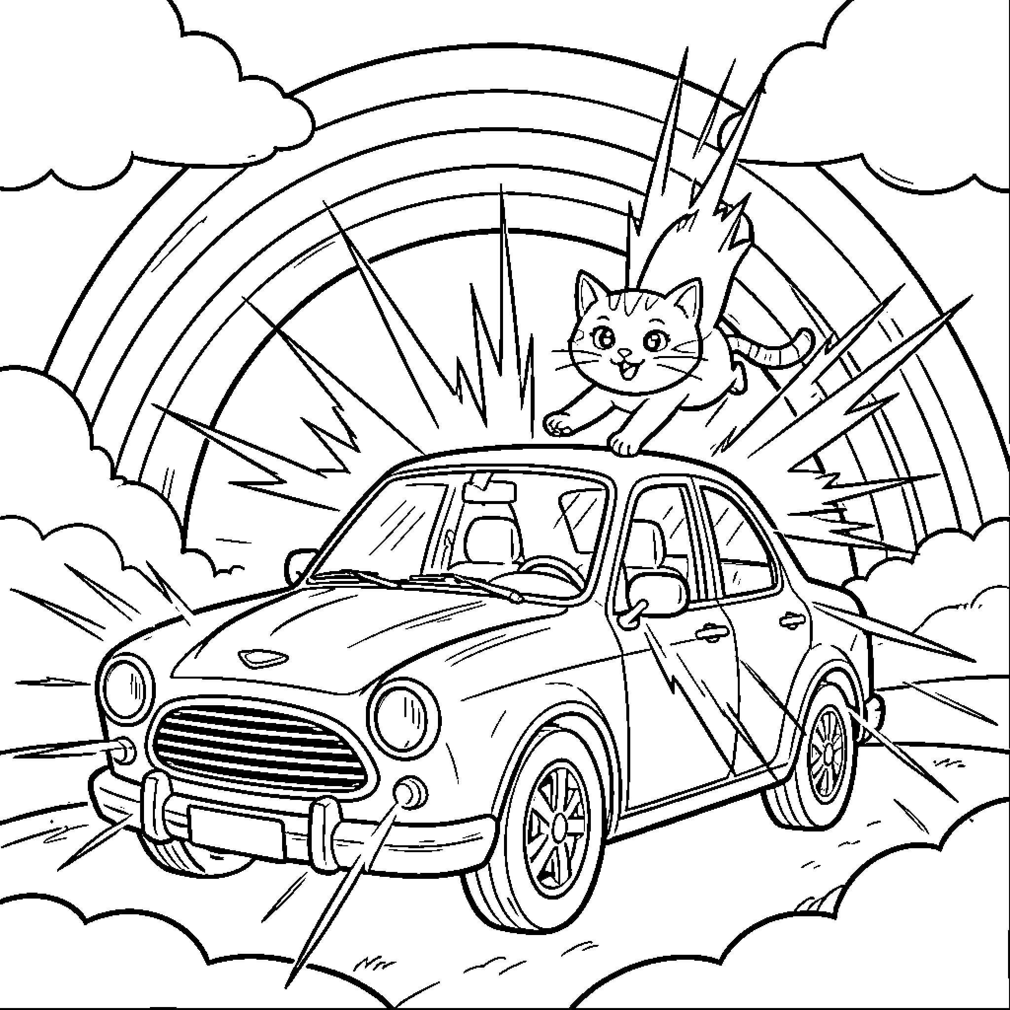 Car with a curious cat in a colorful scene Coloring Page (free black-and-white line drawing printable PDF for all, from beginners to advanced learners, including children, teens, adults, and seniors)