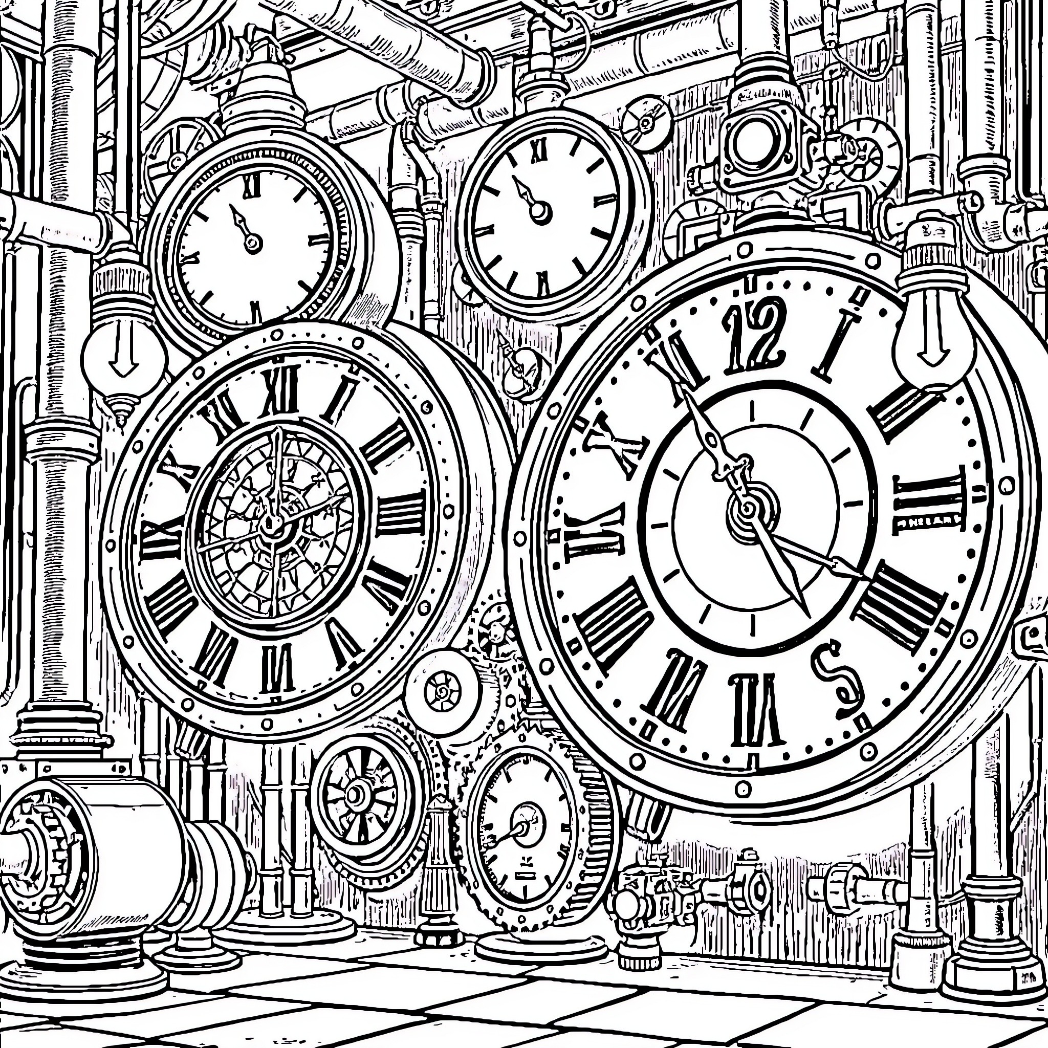 Clock Gears and Mechanisms in Intricate Steampunk Design Coloring Page (free black-and-white line drawing printable PDF for all, from beginners to advanced learners, including children, teens, adults, and seniors)