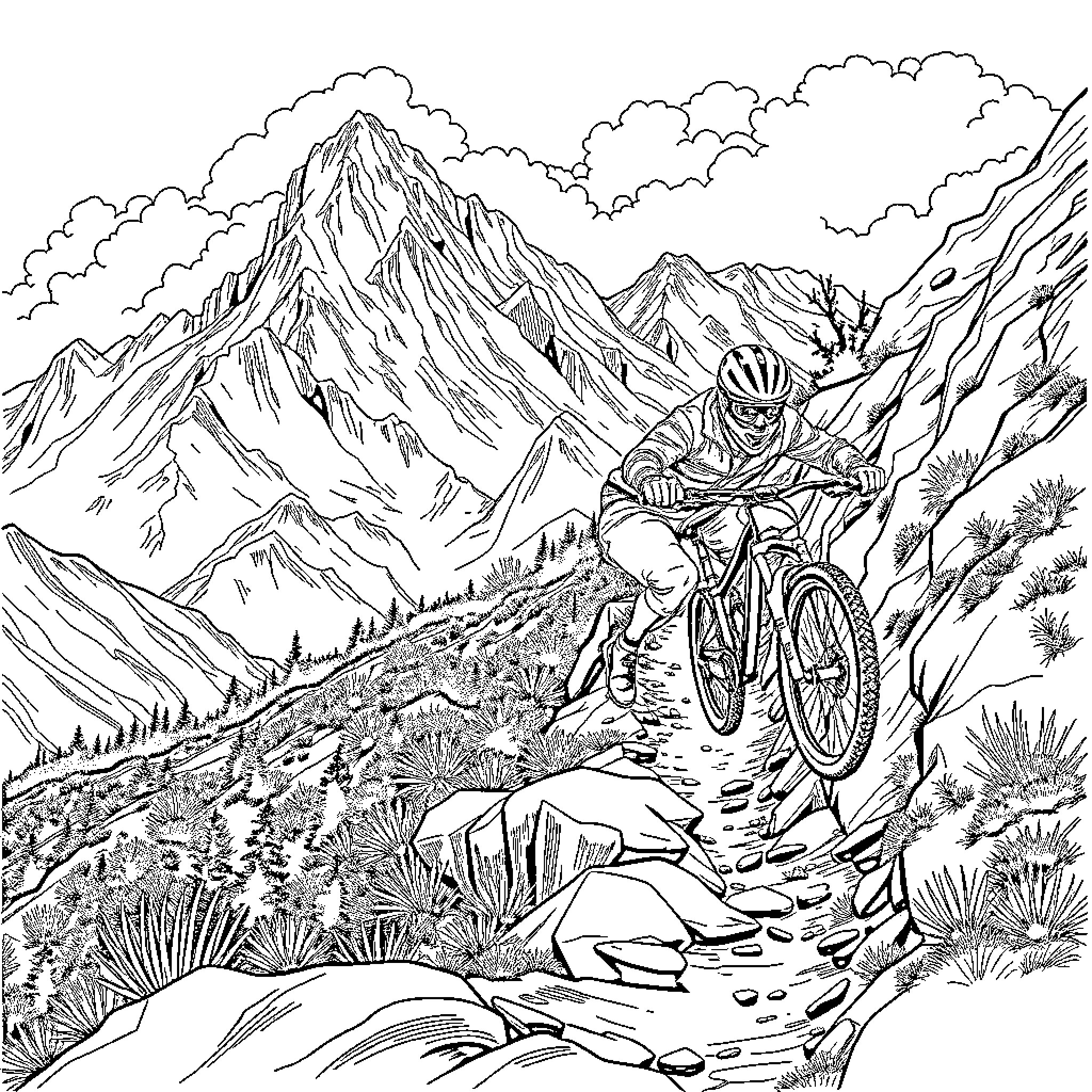 Mountain Biker Navigating Rugged Mountain Terrain Coloring Page (free black-and-white line drawing printable PDF for all, from beginners to advanced learners, including children, teens, adults, and seniors)