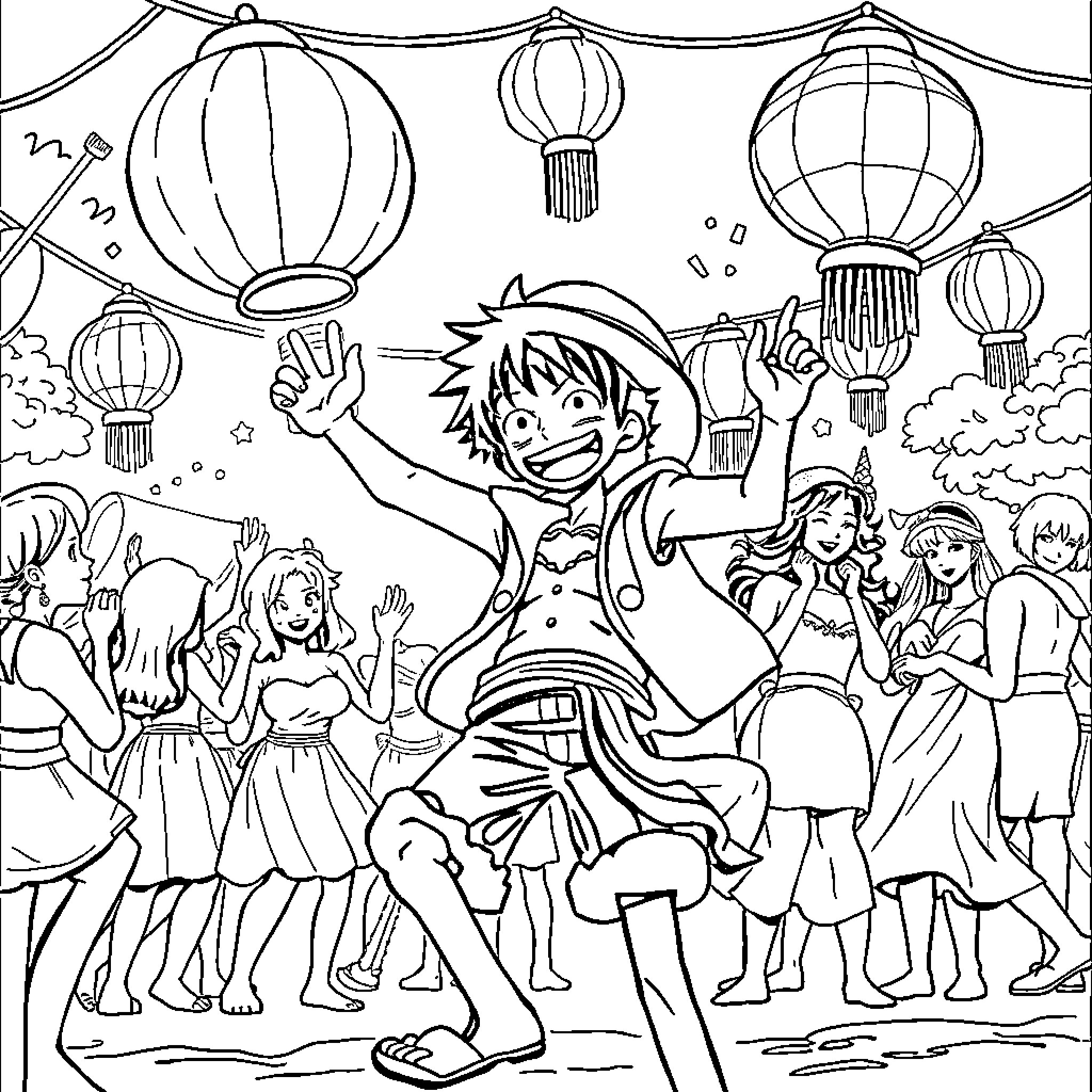 Luffy's Joyful Festival Celebration Coloring Page (free black-and-white line drawing printable PDF for all, from beginners to advanced learners, including children, teens, adults, and seniors)
