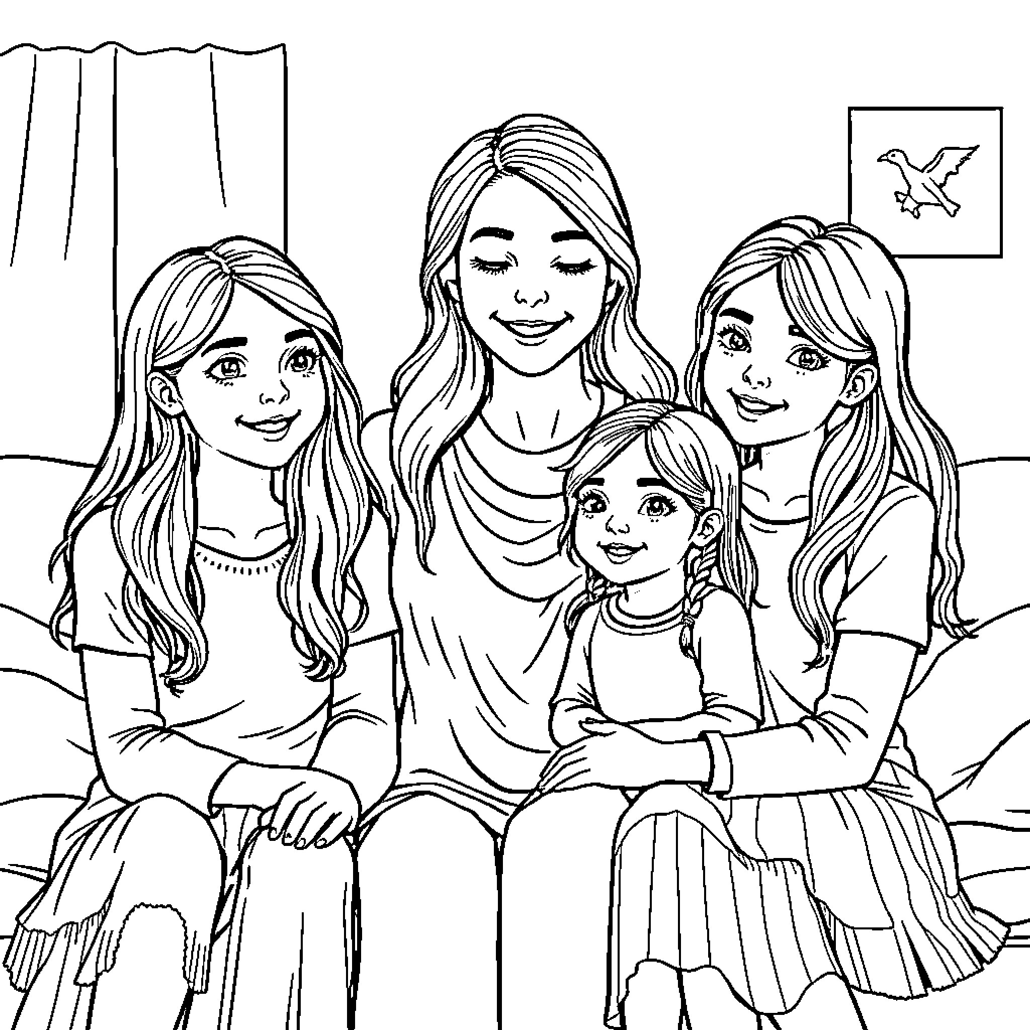Mother and daughters enjoying time together Coloring Page (free black-and-white line drawing printable PDF for all, from beginners to advanced learners, including children, teens, adults, and seniors)