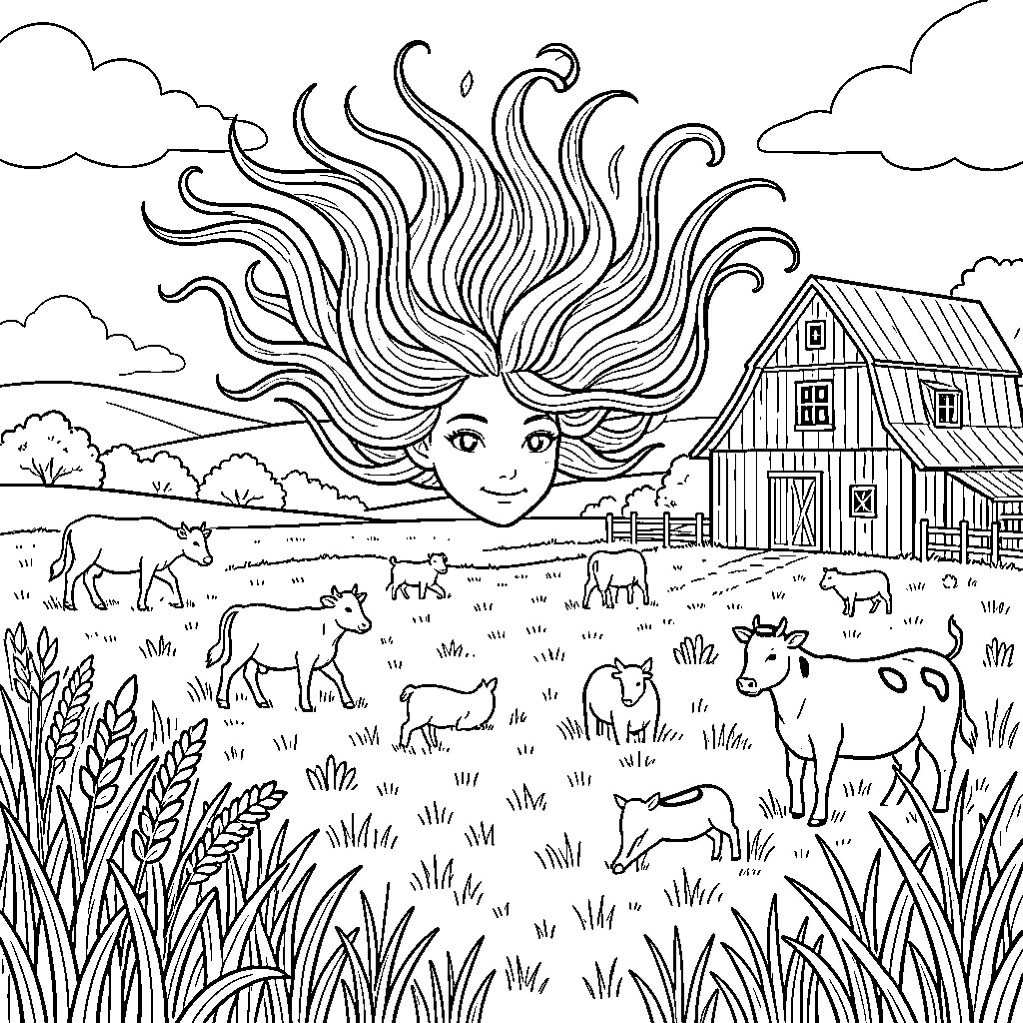 Hair flowing over a peaceful farm landscape Coloring Page (free black-and-white line drawing printable PDF for all, from beginners to advanced learners, including children, teens, adults, and seniors)