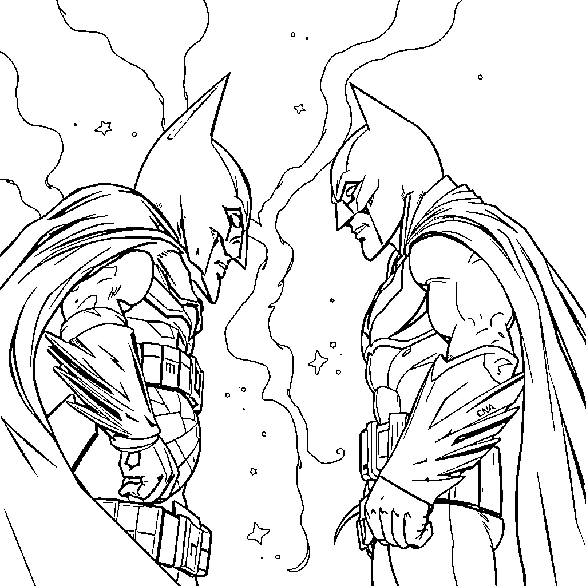 Batman in an intense battle with a foe Coloring Page (free black-and-white line drawing printable PDF for all, from beginners to advanced learners, including children, teens, adults, and seniors)