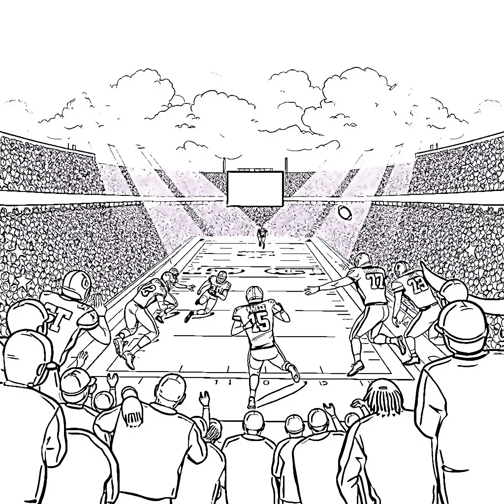 Texas A&M Football Players in Intense Game Action Coloring Page (free black-and-white line drawing printable PDF for all, from beginners to advanced learners, including children, teens, adults, and seniors)