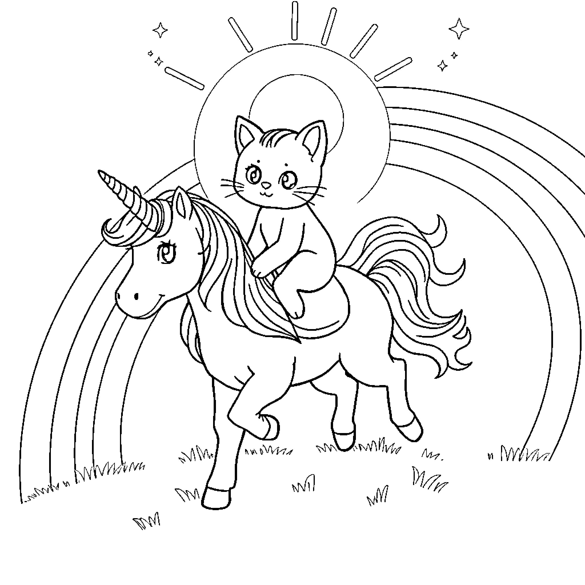 Kitty riding a unicorn in a magical scene Coloring Page (free black-and-white line drawing printable PDF for all, from beginners to advanced learners, including children, teens, adults, and seniors)