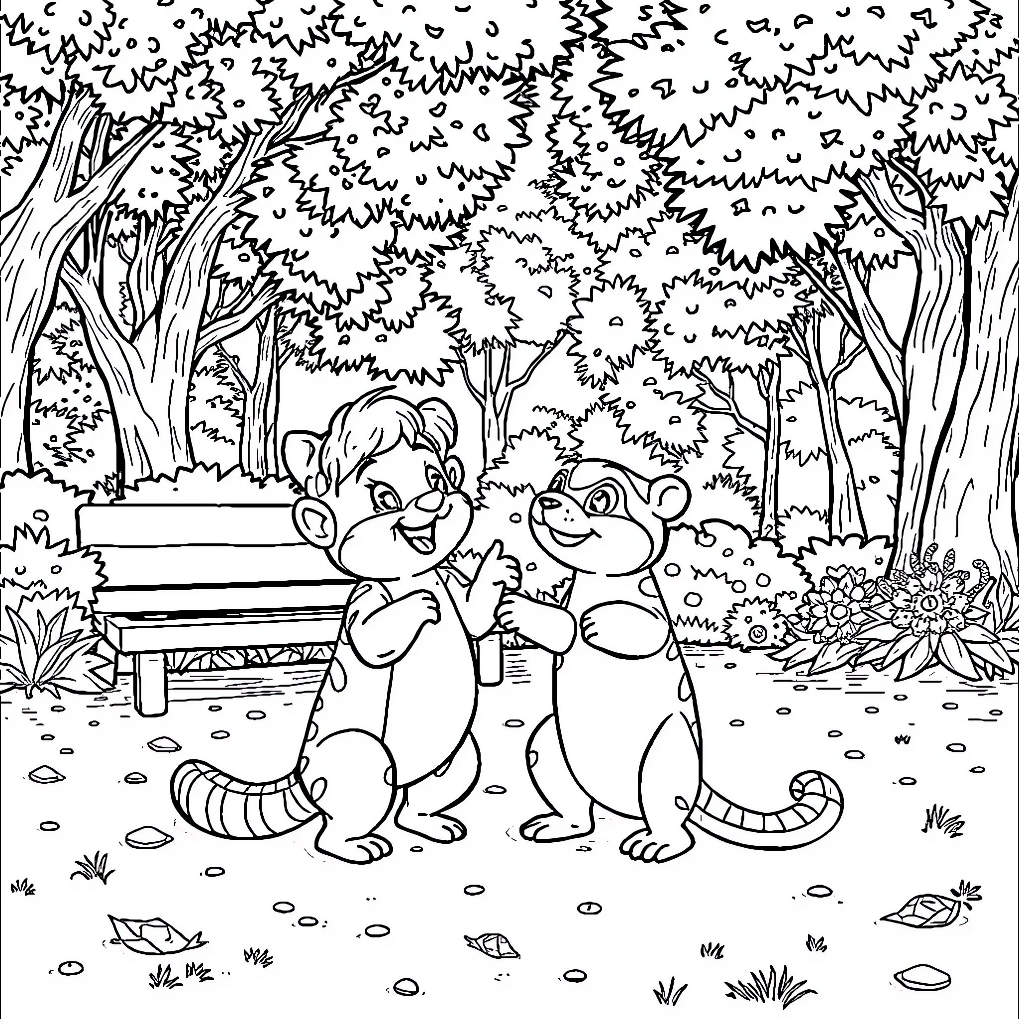 Candy Chipmunks Explore the Lush Forest Coloring Page (free black-and-white line drawing printable PDF for all, from beginners to advanced learners, including children, teens, adults, and seniors)