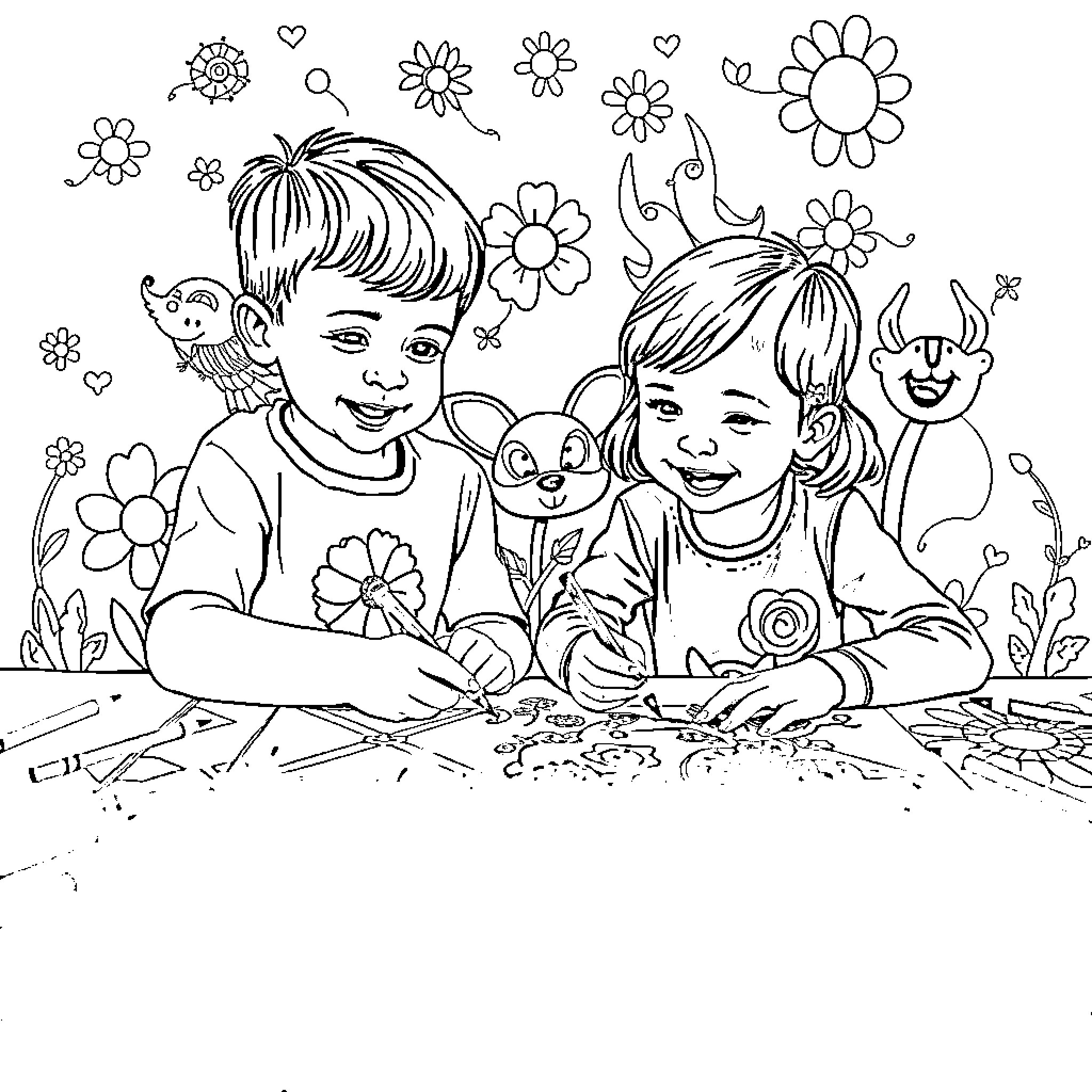 Art depicting children happily drawing and playing Coloring Page (free black-and-white line drawing printable PDF for all, from beginners to advanced learners, including children, teens, adults, and seniors)