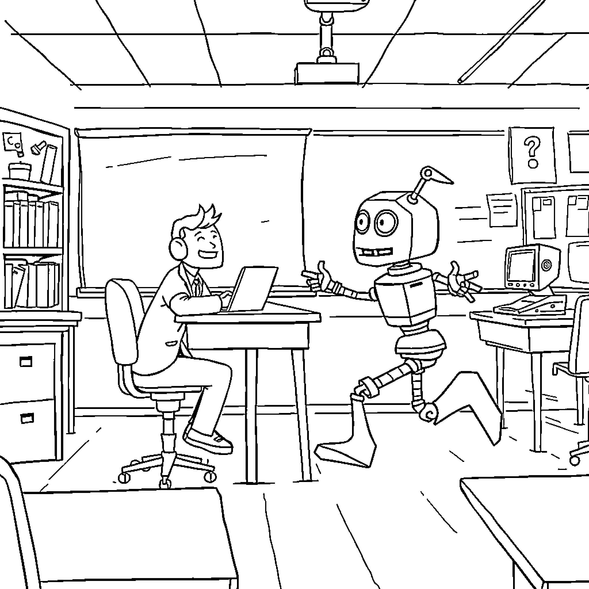 Robot assisting a person in an office setting Coloring Page (free black-and-white line drawing printable PDF for all, from beginners to advanced learners, including children, teens, adults, and seniors)
