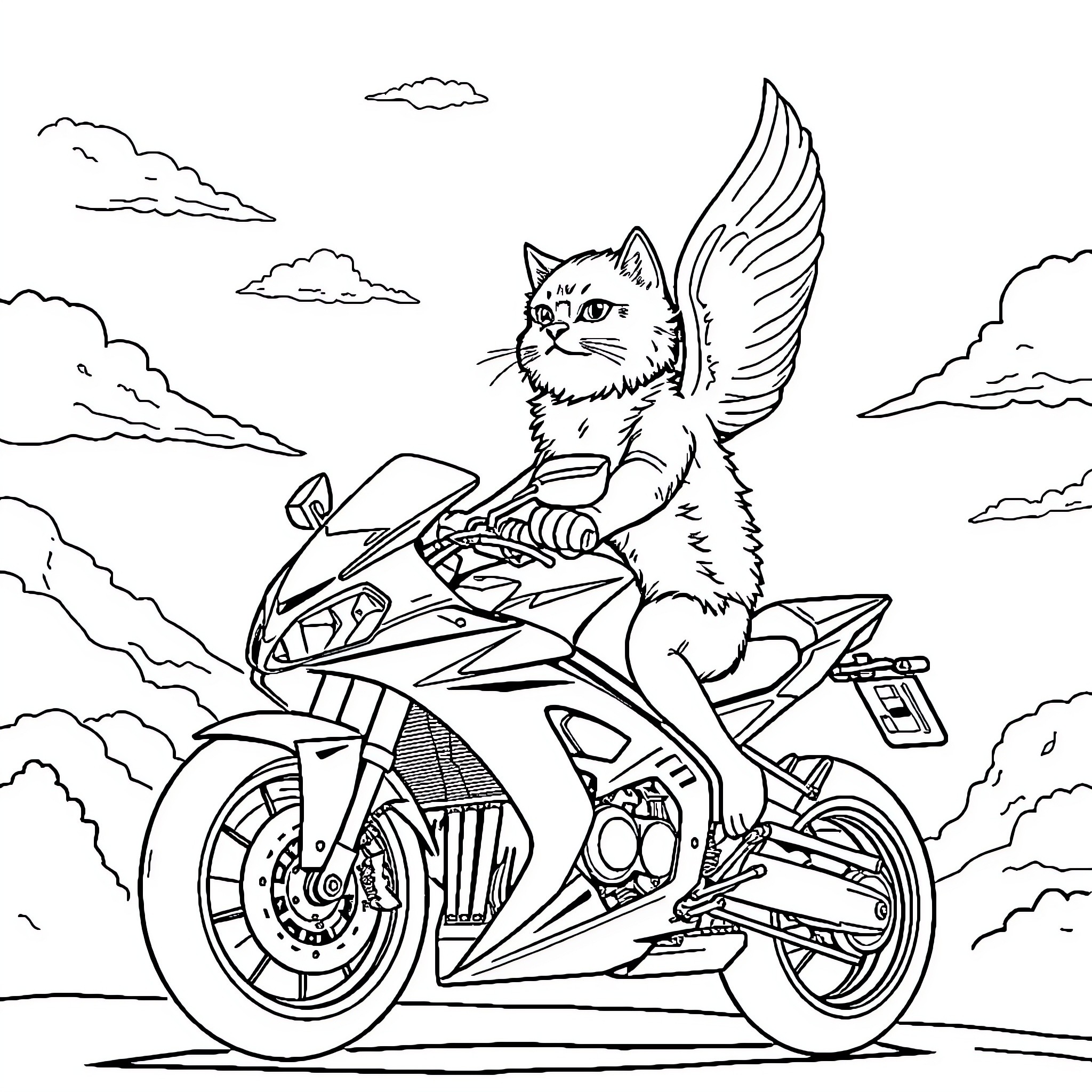 Cat riding a motorcycle in the sky Coloring Page (free black-and-white line drawing printable PDF for all, from beginners to advanced learners, including children, teens, adults, and seniors)