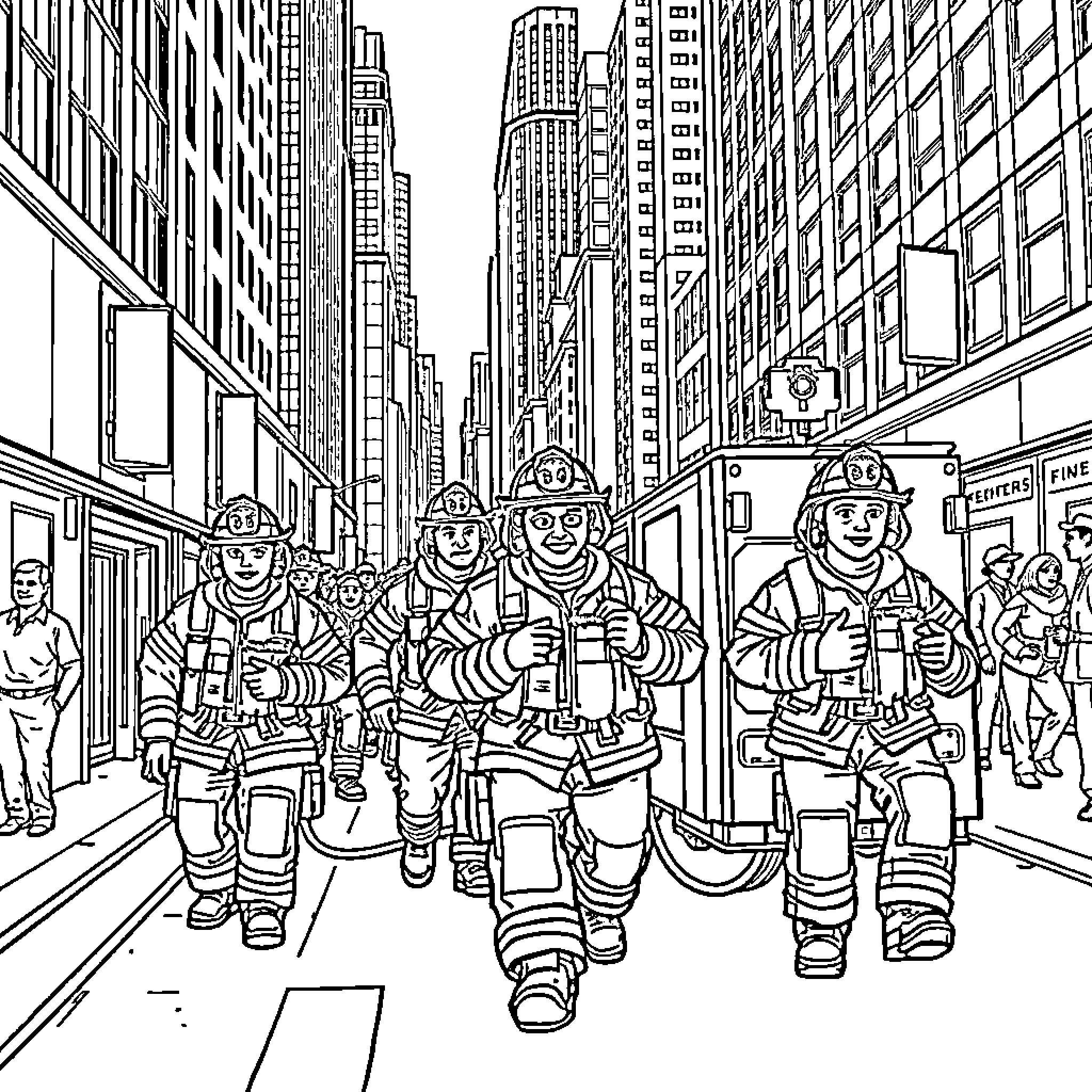 Firefighters rushing to an emergency in the city Coloring Page (free black-and-white line drawing printable PDF for all, from beginners to advanced learners, including children, teens, adults, and seniors)