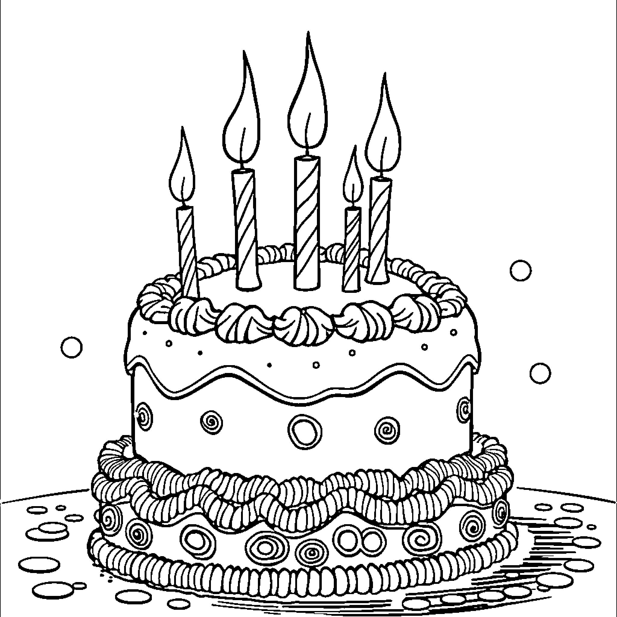 Oreo Cake with Festive Candles Coloring Page (free black-and-white line drawing printable PDF for all, from beginners to advanced learners, including children, teens, adults, and seniors)