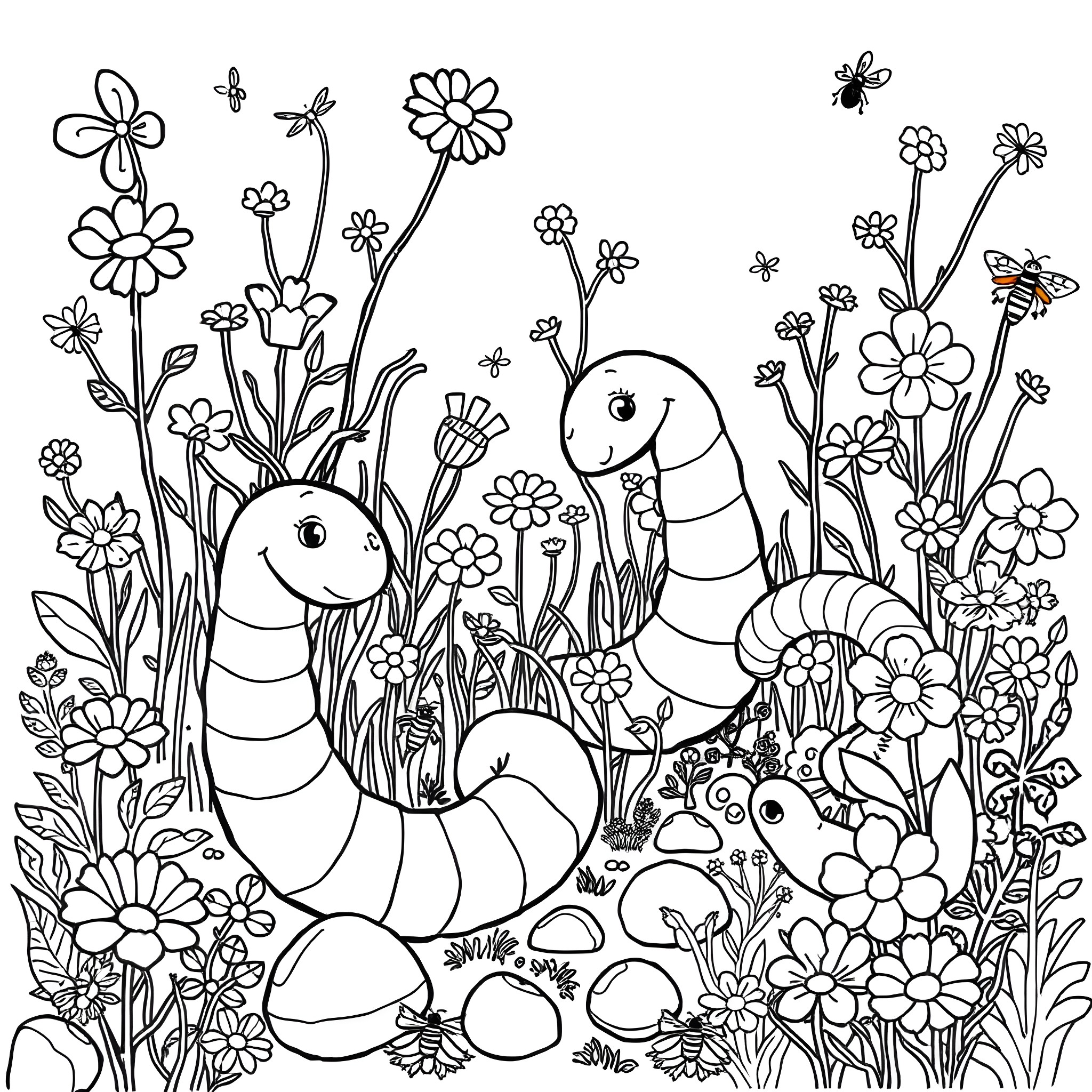 Worm exploring the vibrant floral landscape Coloring Page (free black-and-white line drawing printable PDF for all, from beginners to advanced learners, including children, teens, adults, and seniors)