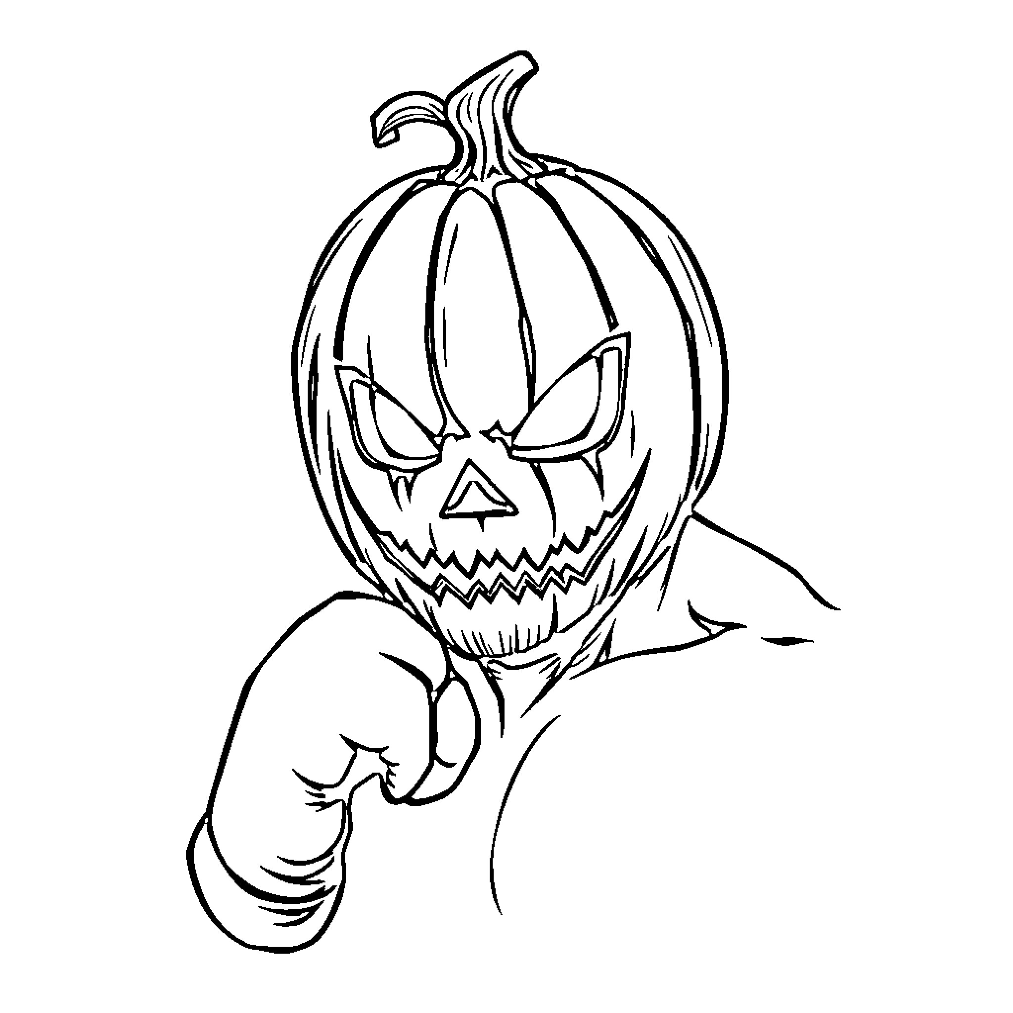 Jack-o'-lantern pointing in a creepy pose Coloring Page (free black-and-white line drawing printable PDF for all, from beginners to advanced learners, including children, teens, adults, and seniors)