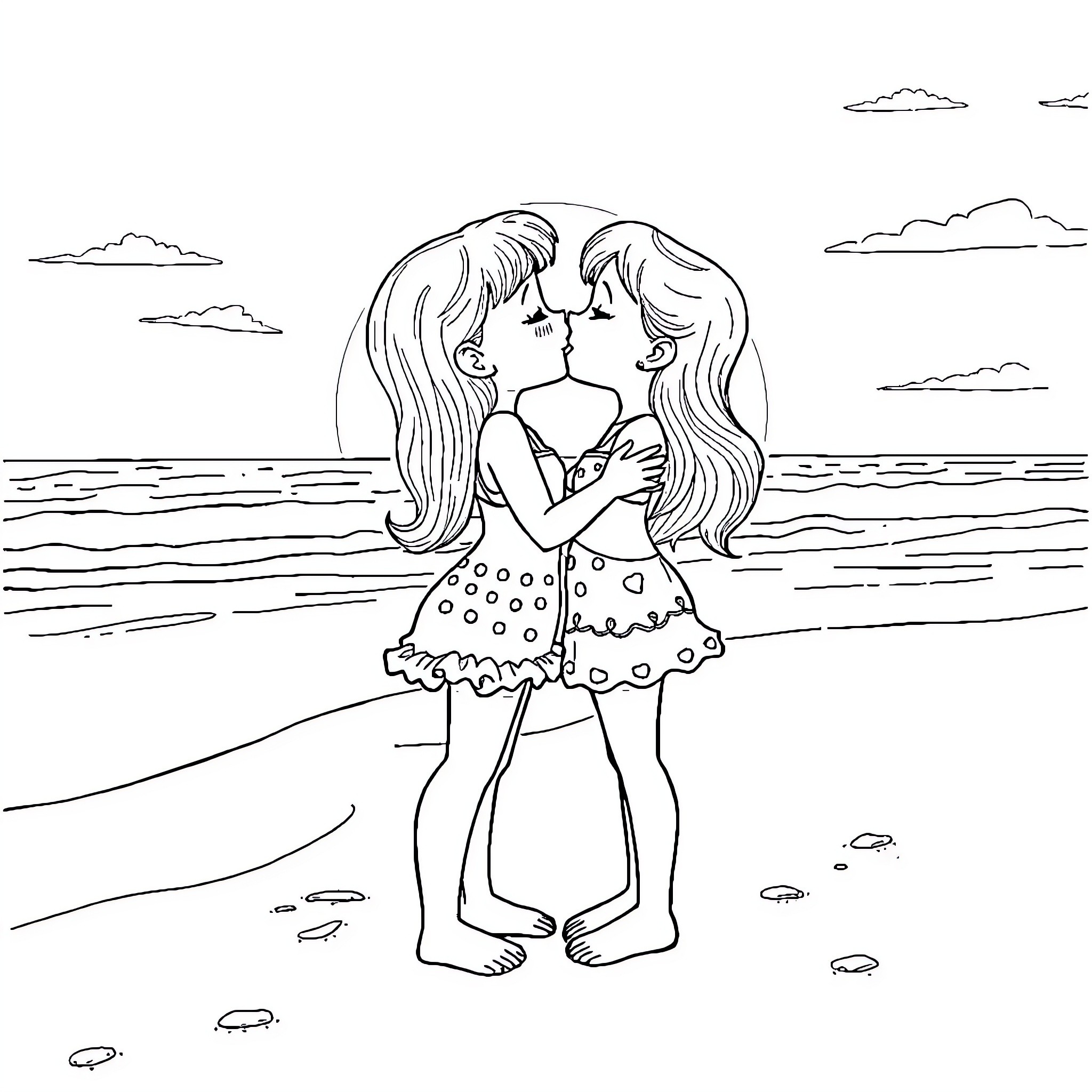 Barbie friends share a loving embrace on the beach Coloring Page (free black-and-white line drawing printable PDF for all, from beginners to advanced learners, including children, teens, adults, and seniors)