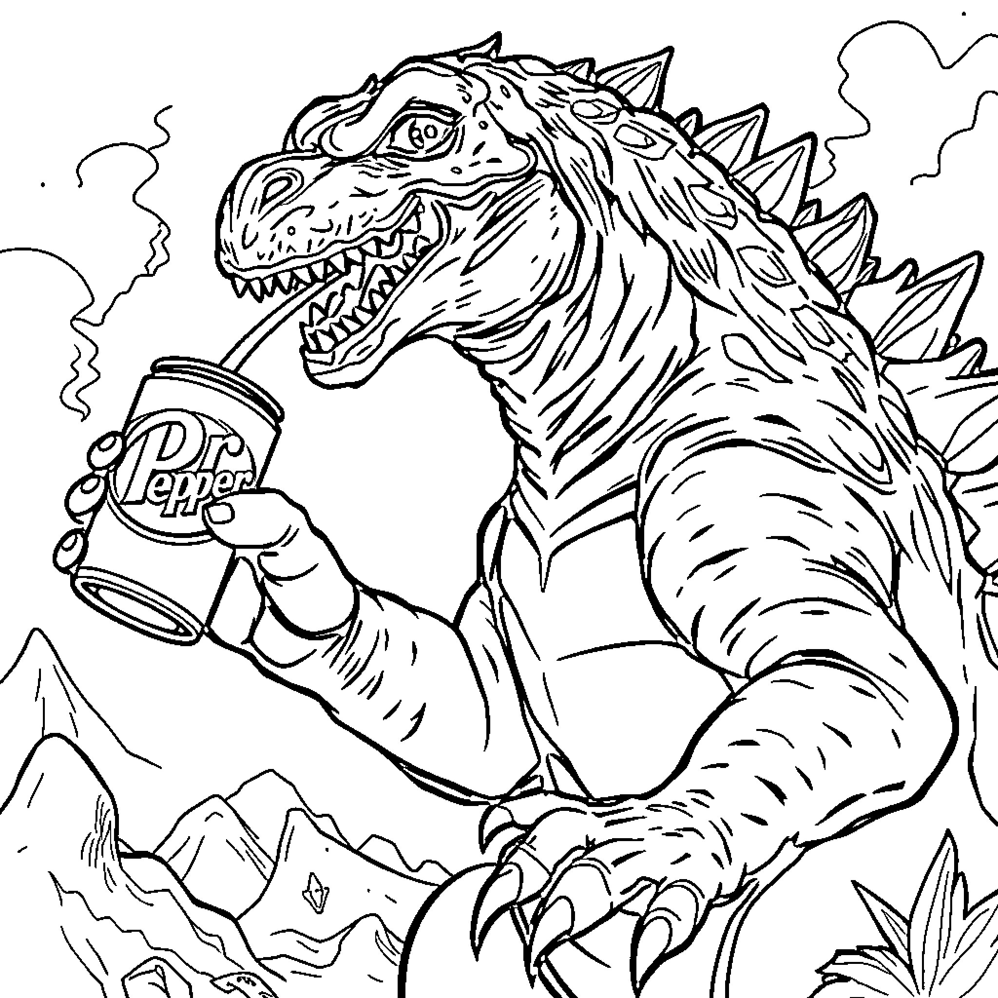 Godzilla enjoying a refreshing Dr. Pepper Coloring Page (free black-and-white line drawing printable PDF for all, from beginners to advanced learners, including children, teens, adults, and seniors)