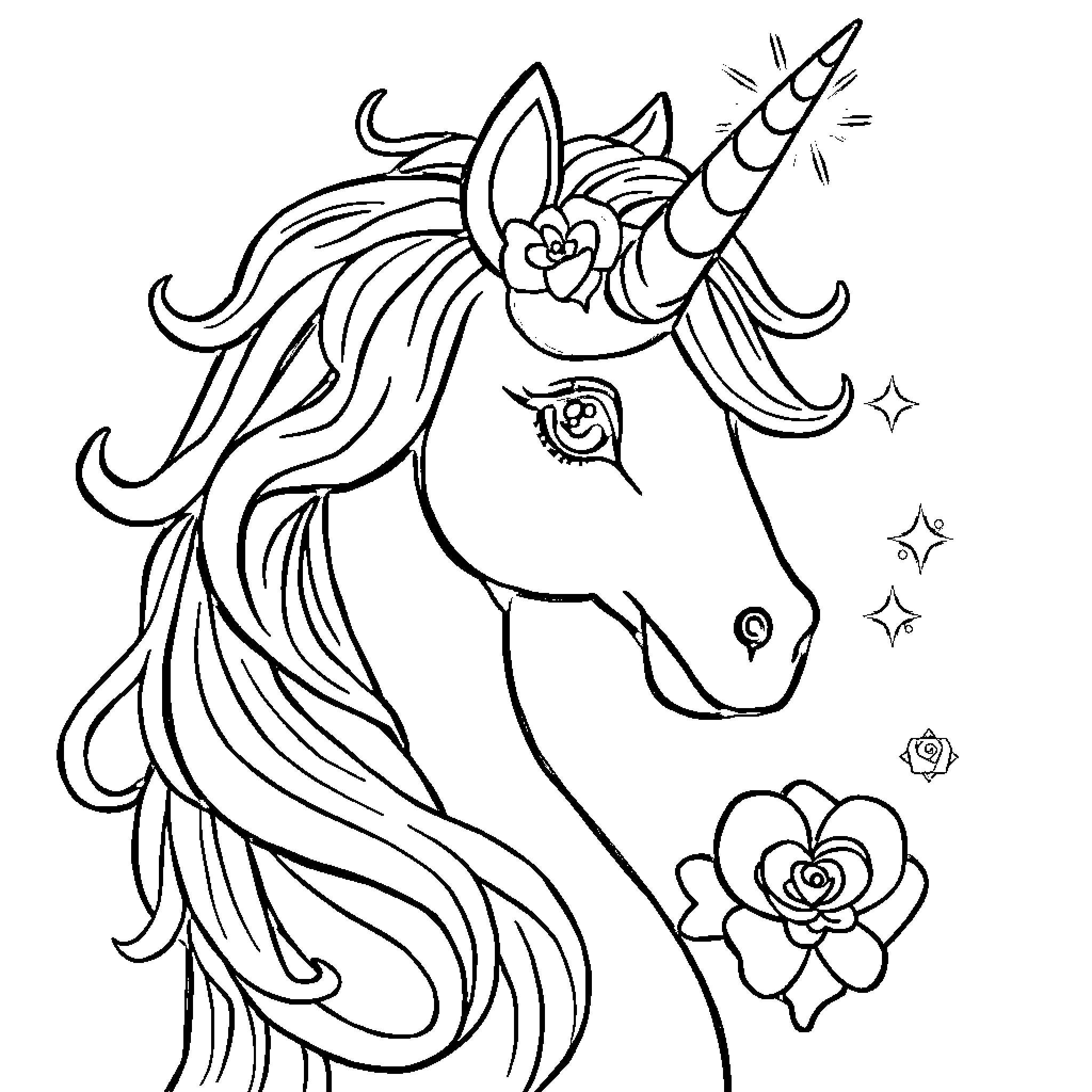 Unicorn with flowing mane and magical accessories Coloring Page (free black-and-white line drawing printable PDF for all, from beginners to advanced learners, including children, teens, adults, and seniors)