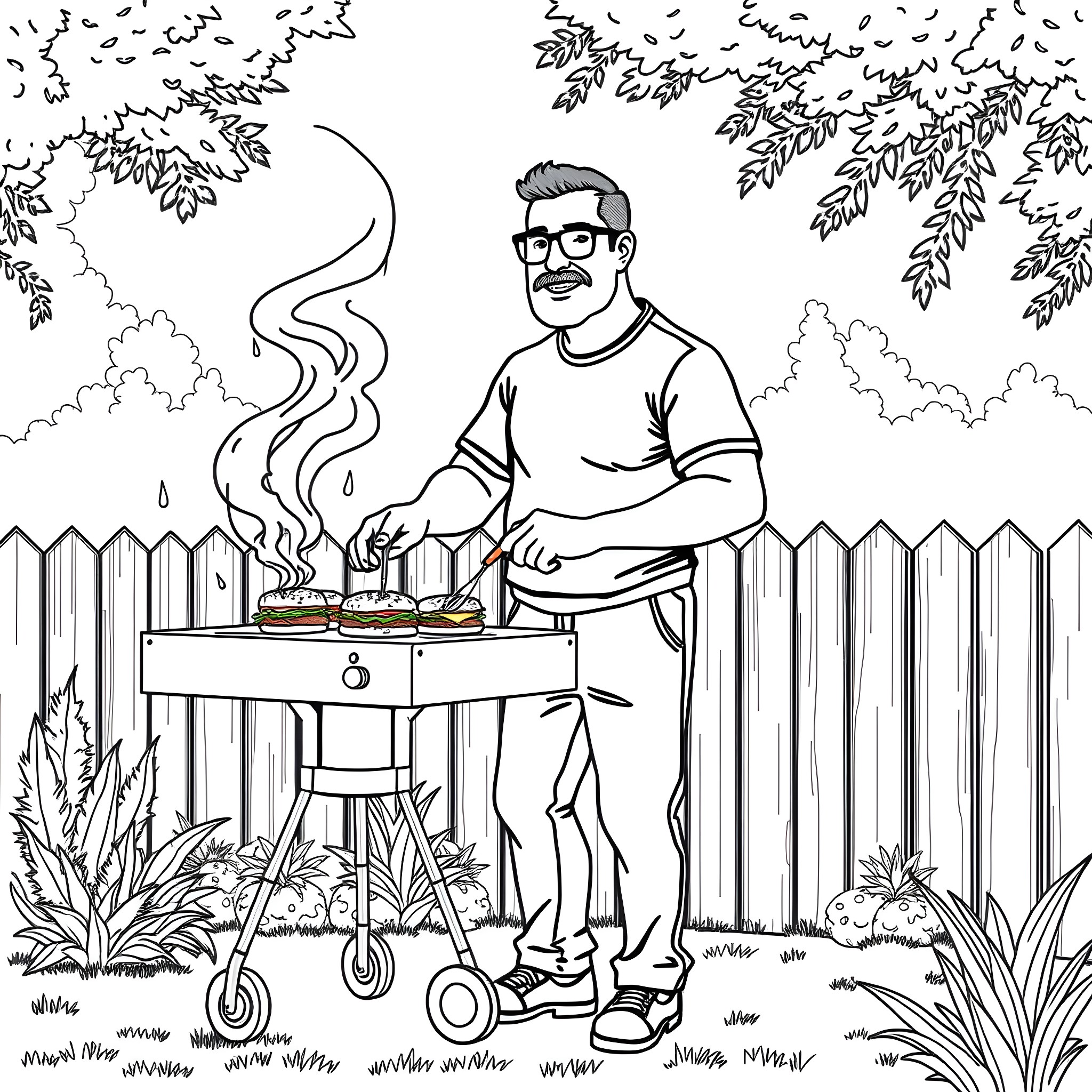 Hank Hill grilling outdoors on a backyard fence Coloring Page (free black-and-white line drawing printable PDF for all, from beginners to advanced learners, including children, teens, adults, and seniors)