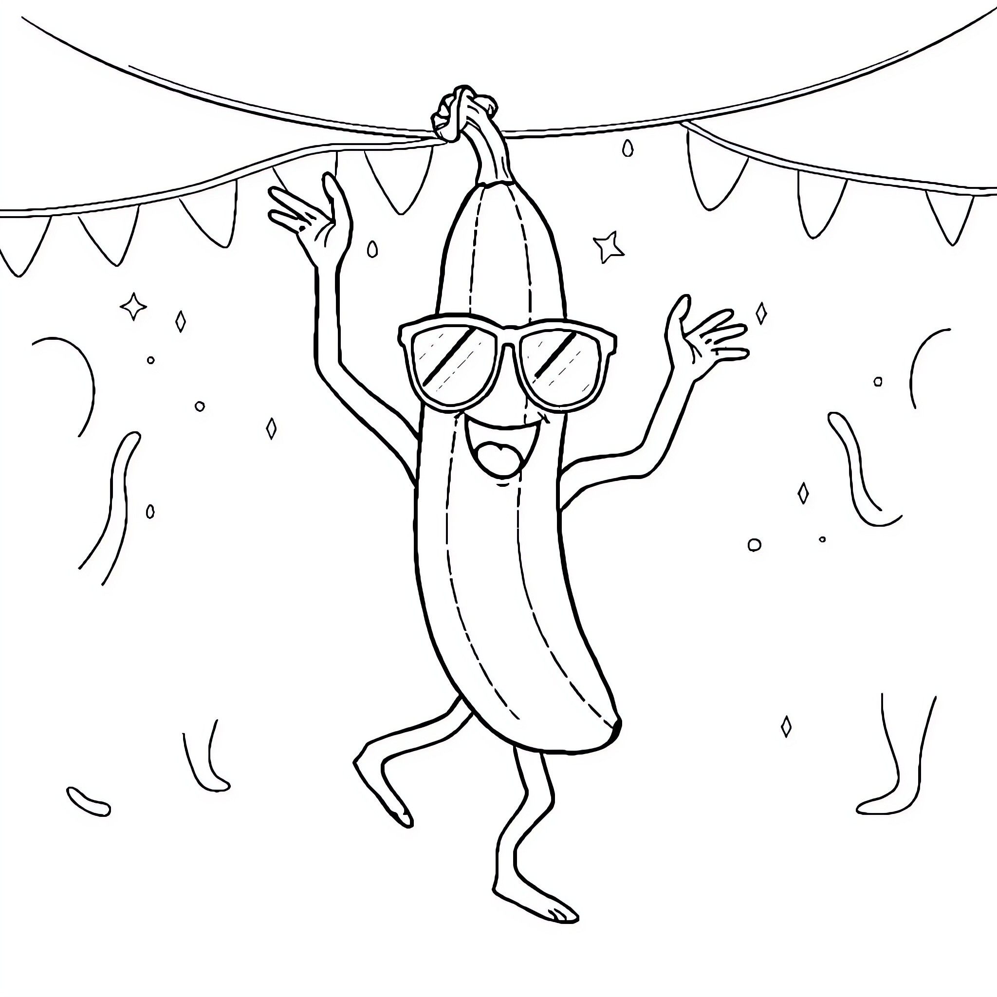 Banana dancing joyfully under party decorations Coloring Page (free black-and-white line drawing printable PDF for all, from beginners to advanced learners, including children, teens, adults, and seniors)