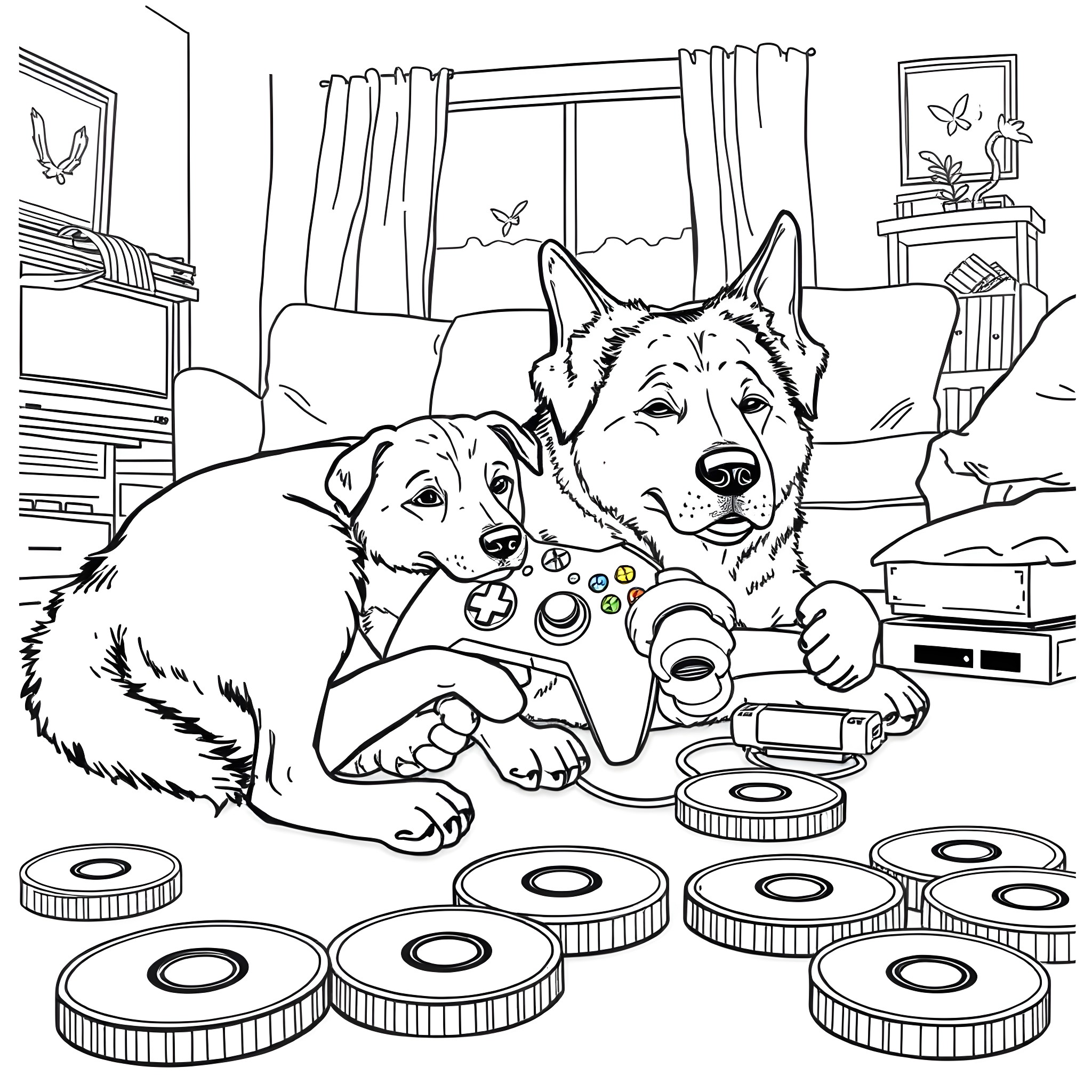 Dogs playing video games on the couch Coloring Page (free black-and-white line drawing printable PDF for all, from beginners to advanced learners, including children, teens, adults, and seniors)