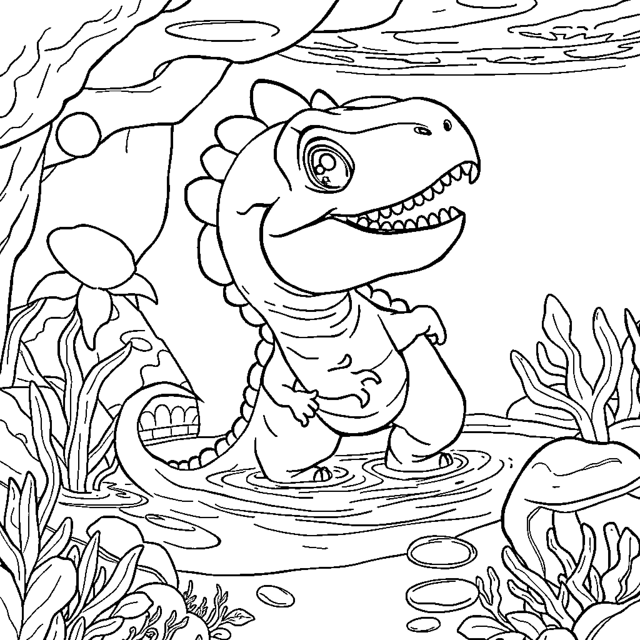 Dinosaur splashing happily in the pond Coloring Page (free black-and-white line drawing printable PDF for all, from beginners to advanced learners, including children, teens, adults, and seniors)