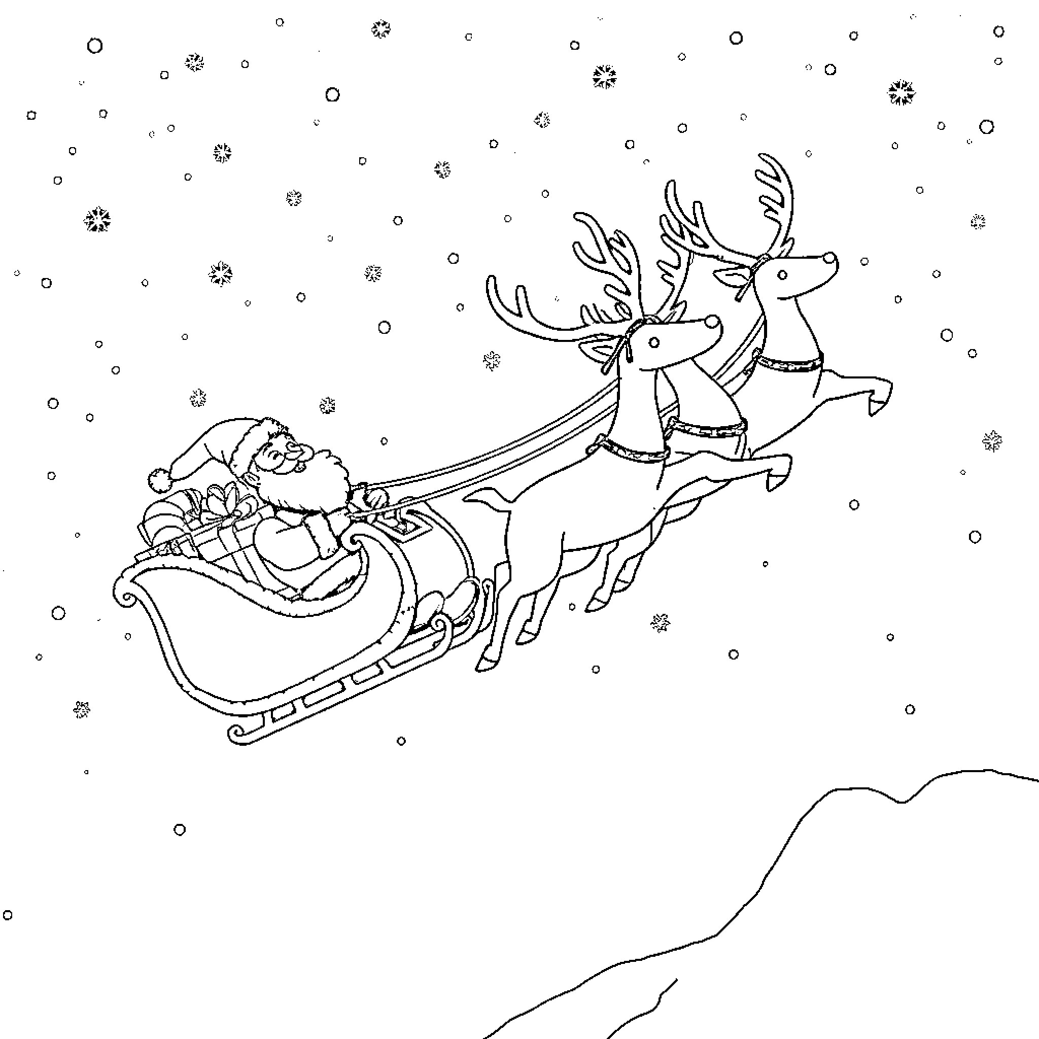 Santa Claus riding his sleigh with reindeer in the snow Coloring Page (free black-and-white line drawing printable PDF for all, from beginners to advanced learners, including children, teens, adults, and seniors)
