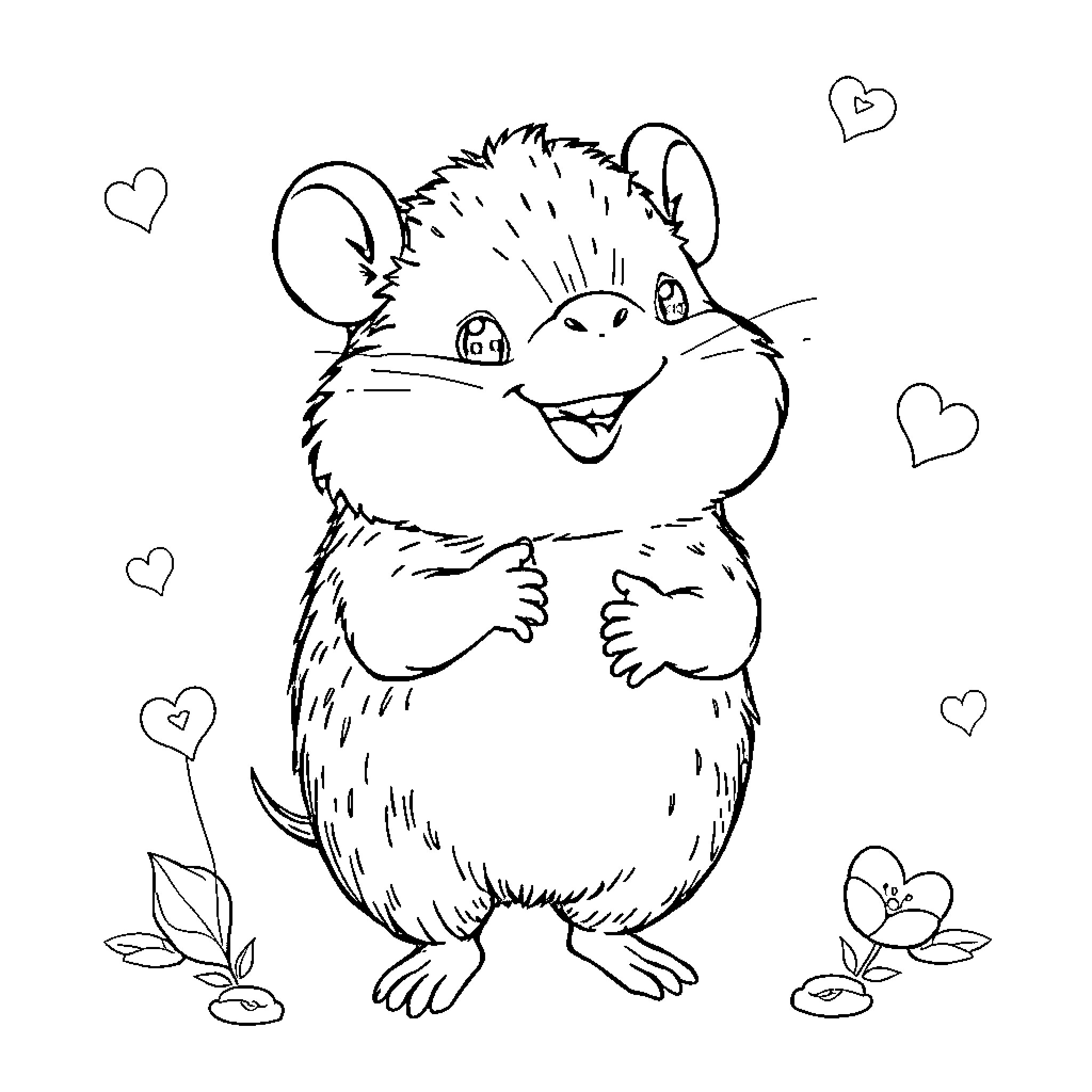 Penguin-like creature embracing with flowers Coloring Page (free black-and-white line drawing printable PDF for all, from beginners to advanced learners, including children, teens, adults, and seniors)