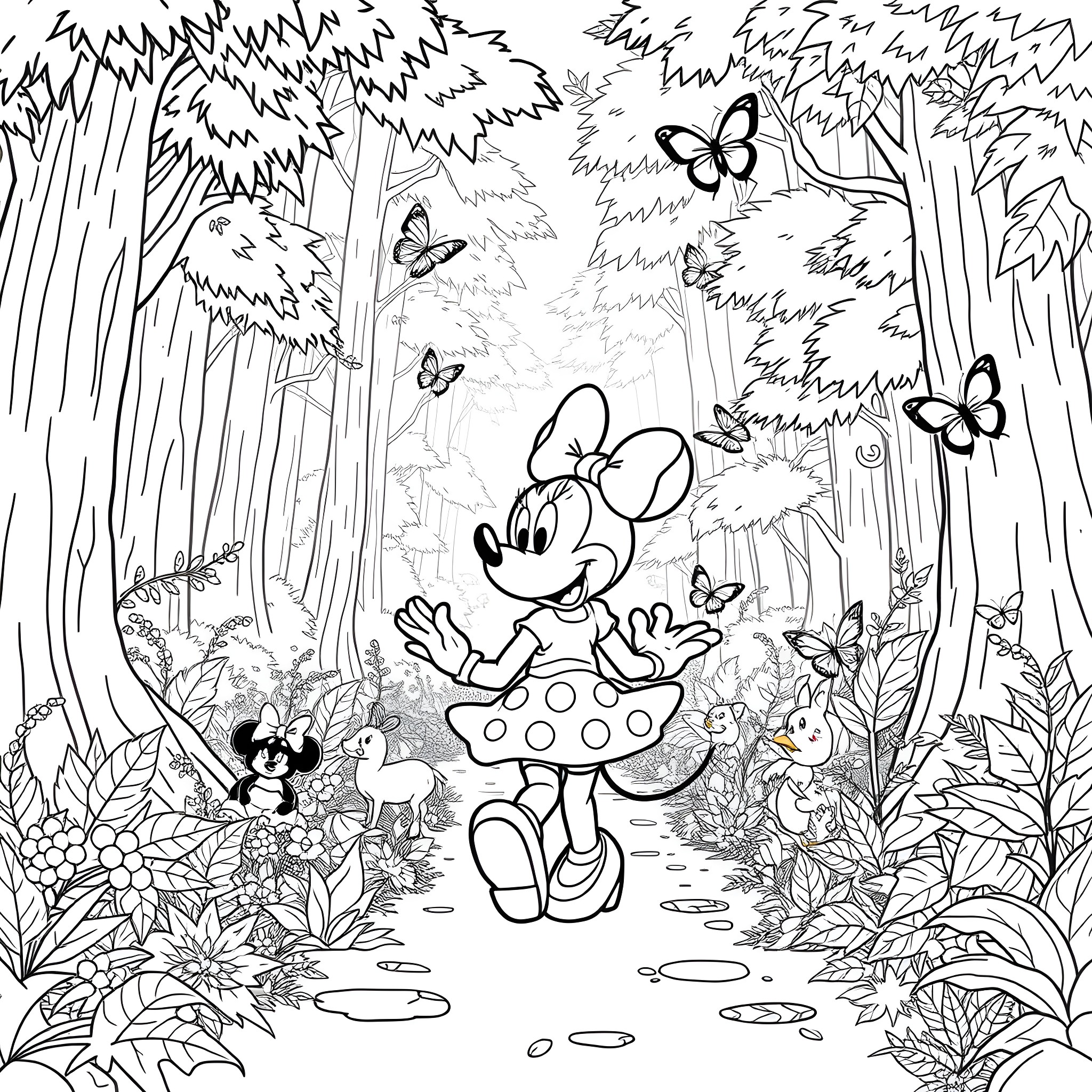 Minnie Mouse explores the enchanting forest Coloring Page (free black-and-white line drawing printable PDF for all, from beginners to advanced learners, including children, teens, adults, and seniors)