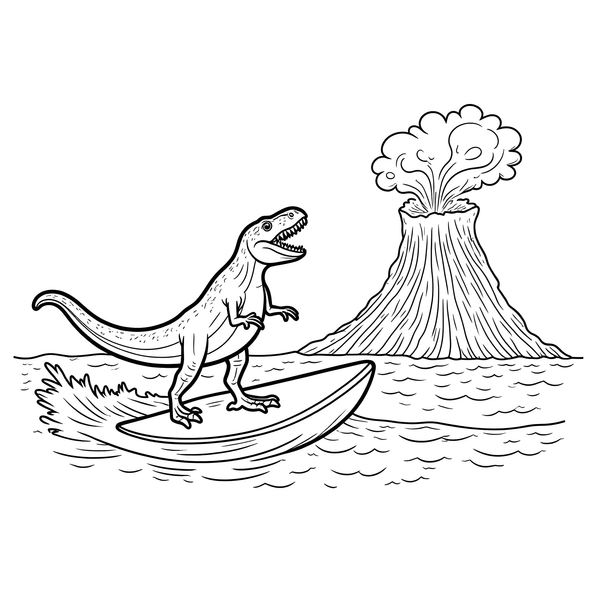 T-Rex surfing near a volcanic eruption Coloring Page (free black-and-white line drawing printable PDF for all, from beginners to advanced learners, including children, teens, adults, and seniors)