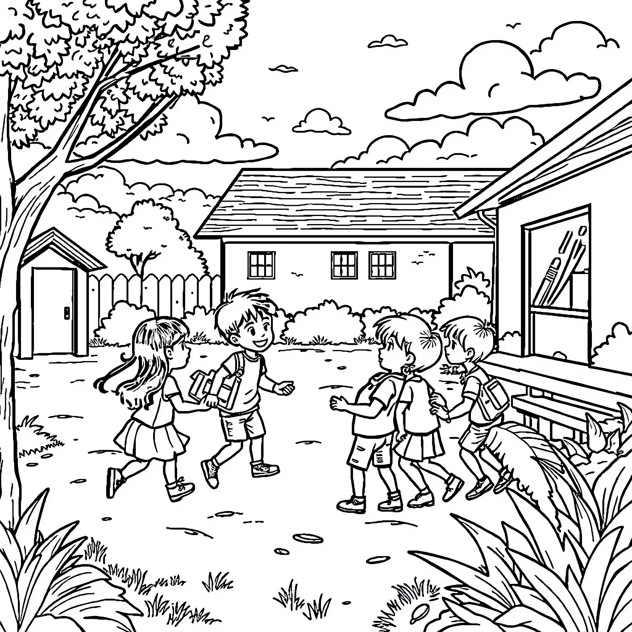 School Children Playing Joyfully in the Schoolyard Coloring Page (free black-and-white line drawing printable PDF for all, from beginners to advanced learners, including children, teens, adults, and seniors)